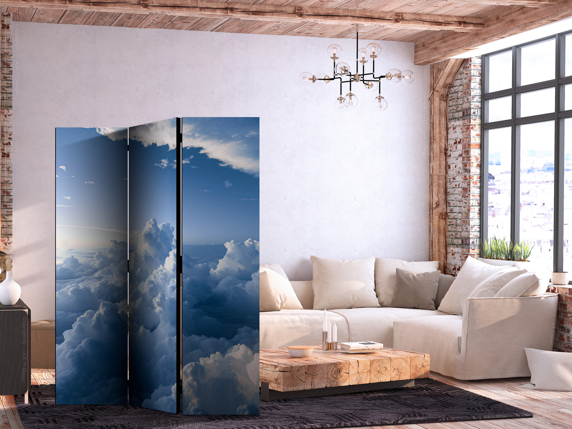 Paravent, Raumteiler freistehend, Trennwand - Aerial Landscapes: Rays Illuminating Fluffy Cloud Form