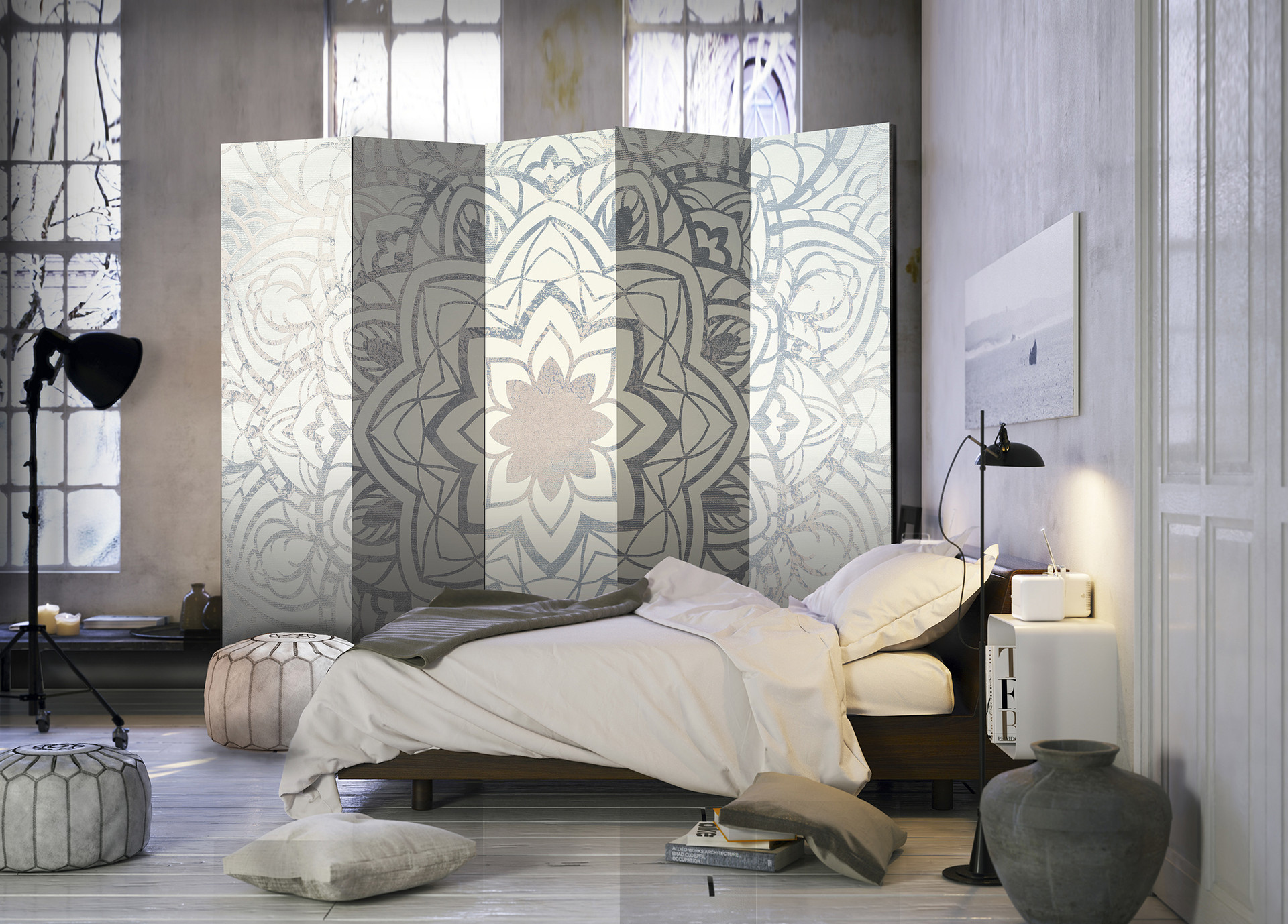 Skærm til rumopdeling - Vintermandala, 5-delt - 225x172 cm