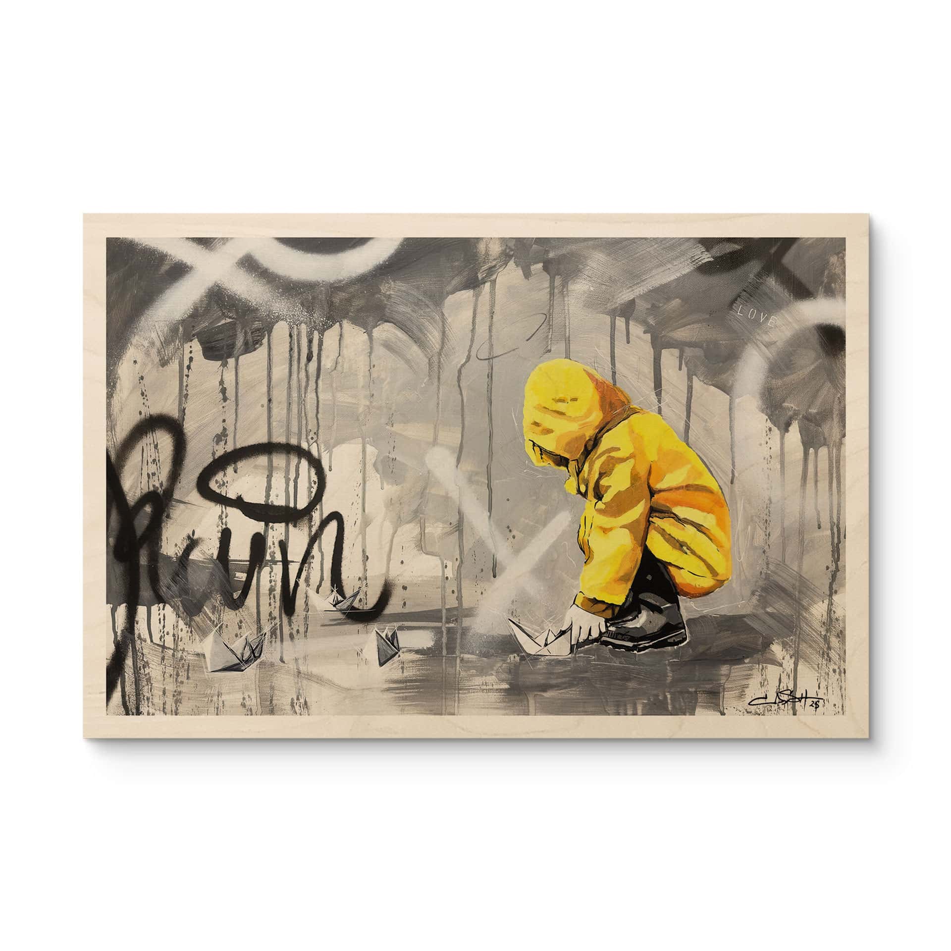 Houten Wanddecoratie Kind met Papieren Bootje Streetart - Habib