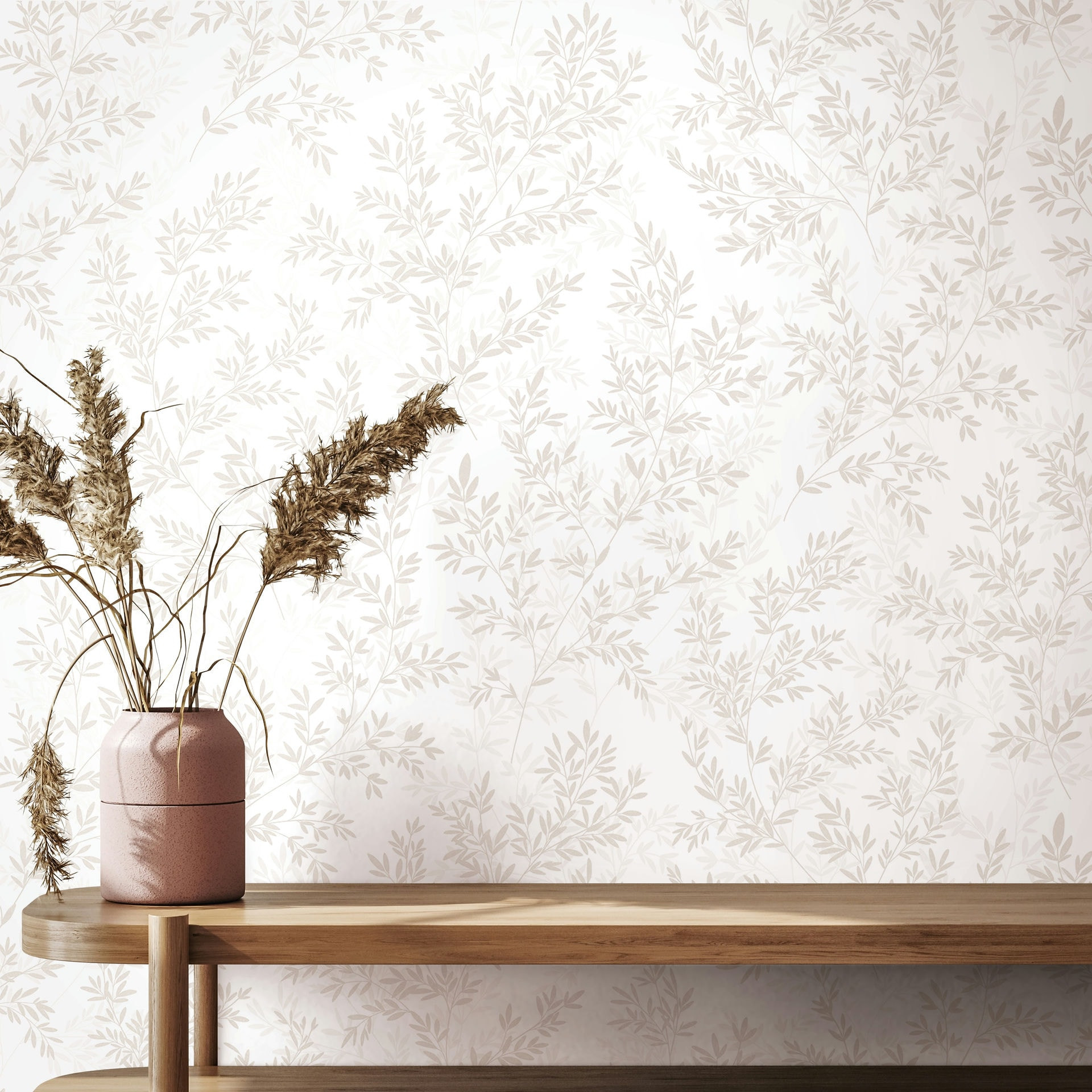 Vliesbehang bladeren bloem natuur mat in wit beige