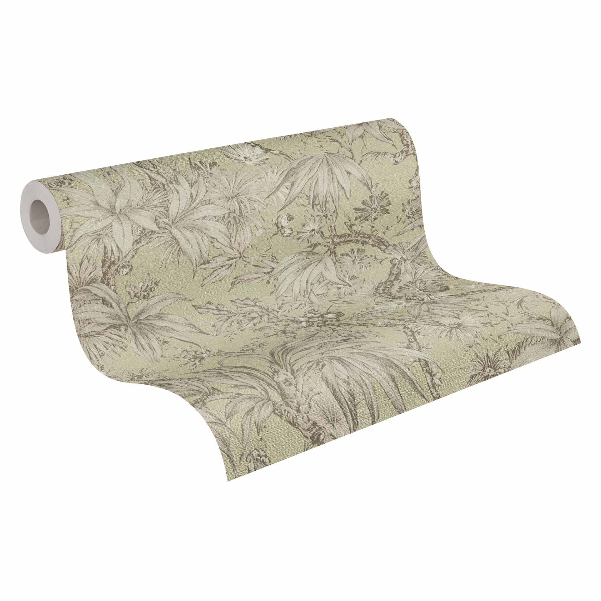 Botanisch behang groen beige - exotisch Vliesbehang met bladeren - Patroonbehang
