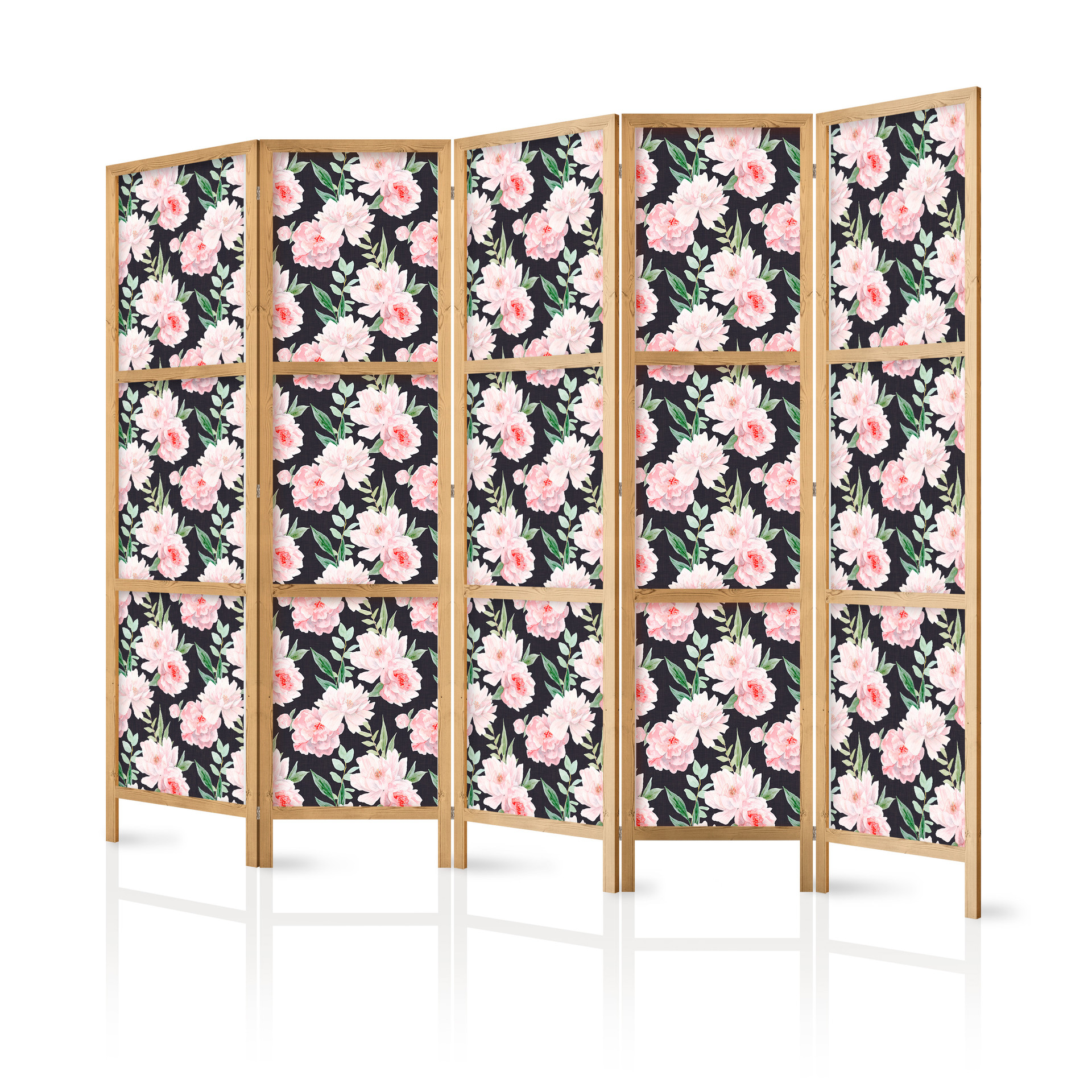 Japanischer Paravent, Raumteiler freistehend, Trennwand - Peonies on Graphite Background
