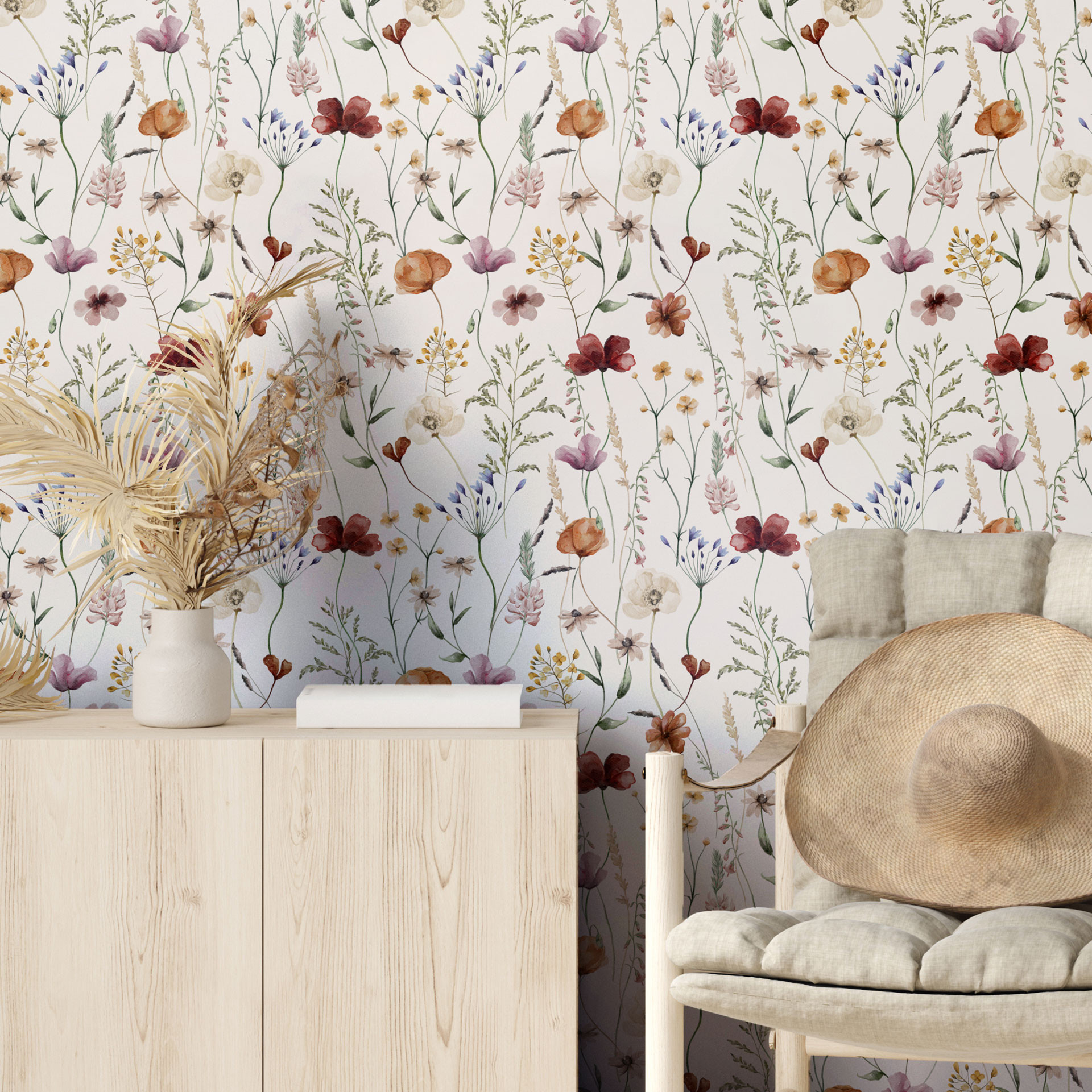 Kleurrijk Patroonbehang met wilde bloemen - Vliesbehang - UN Designs