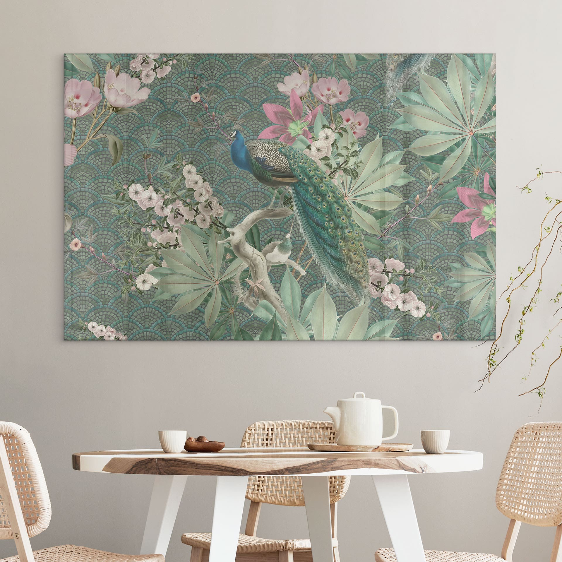 Akrylbillede Påfugl i tropisk have på mosaik - Bloomery Decor