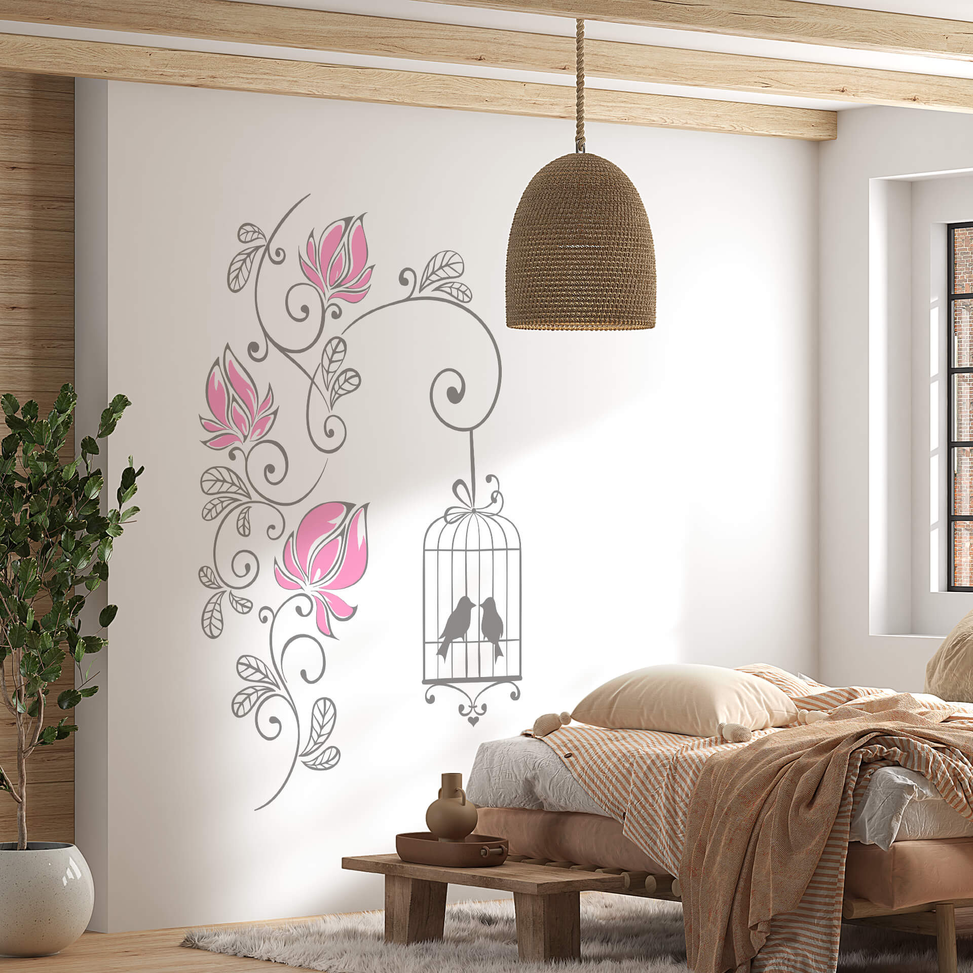 Wandtattoo Blumenranke mit Vogelkäfig (2-farbig)