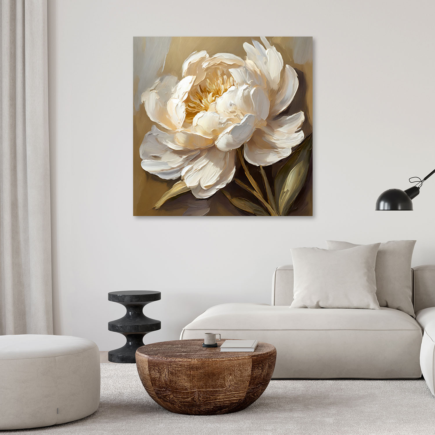 Canvasbillede, pæon creme håndmalet