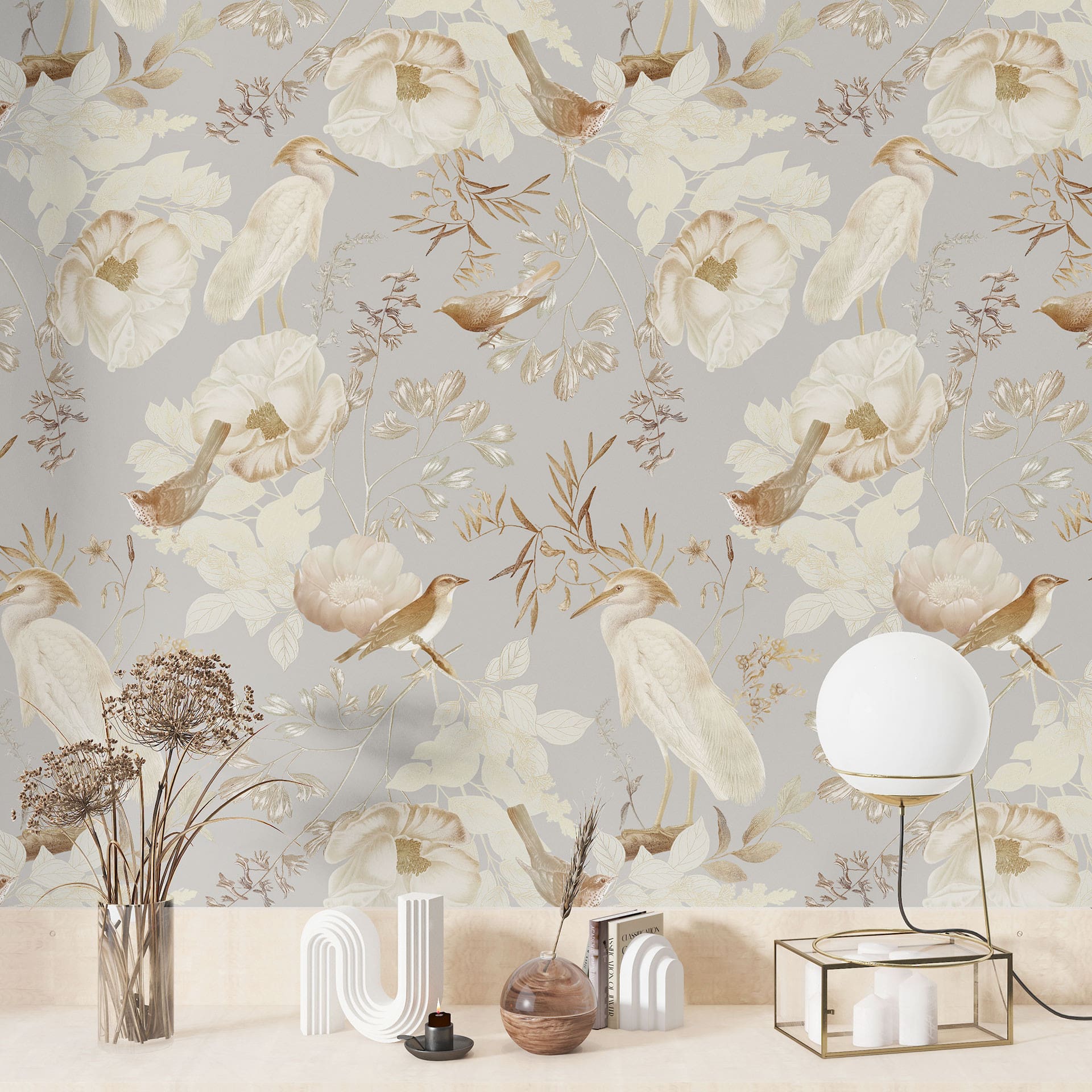 Patroonbehang vogels tussen witte bloemen - UN Designs