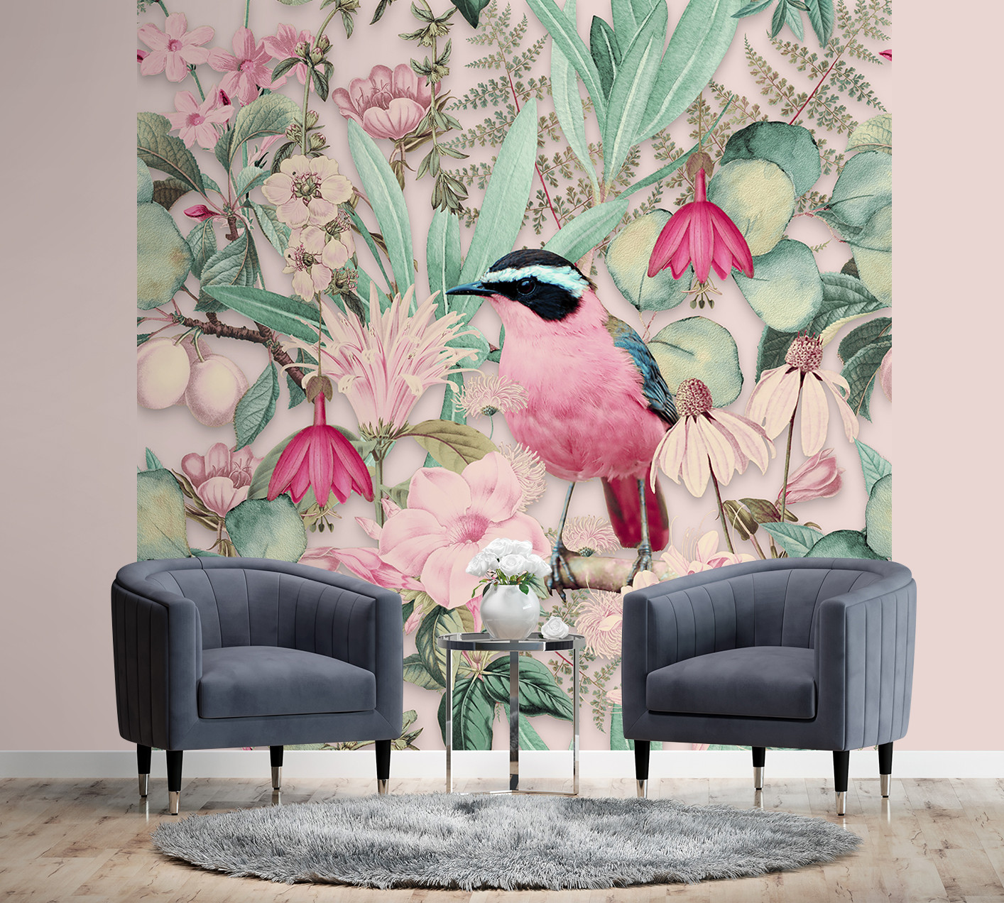 Fototapete, Shabby Chic Rosa Vogel Tropen - Andrea Haase
