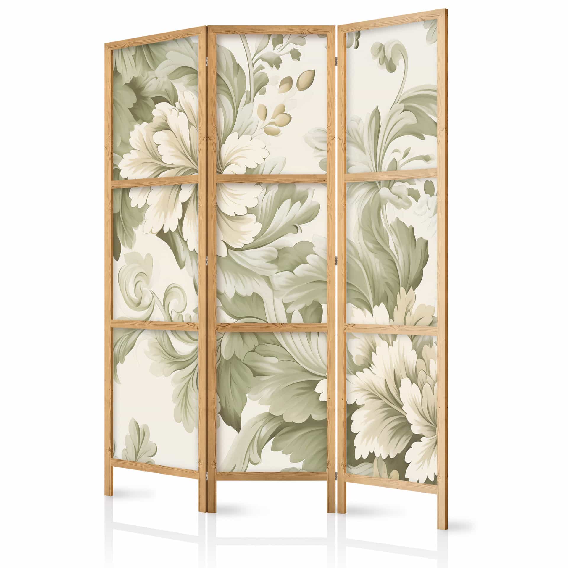 Japanischer Paravent, Raumteiler freistehend, Trennwand - Retro Vintage Flowers in Cream and Green