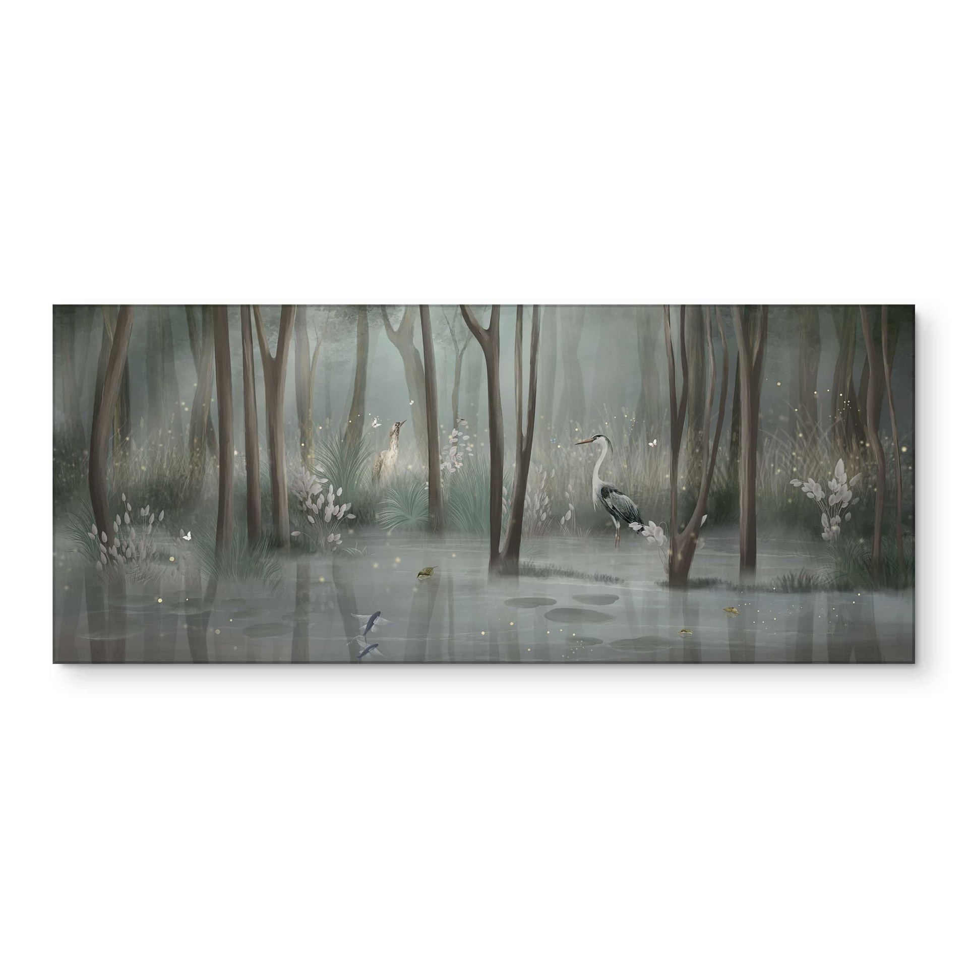 Keukenachterwand wolkenbos aan het meer met reiger in het groen - Ms Tiff