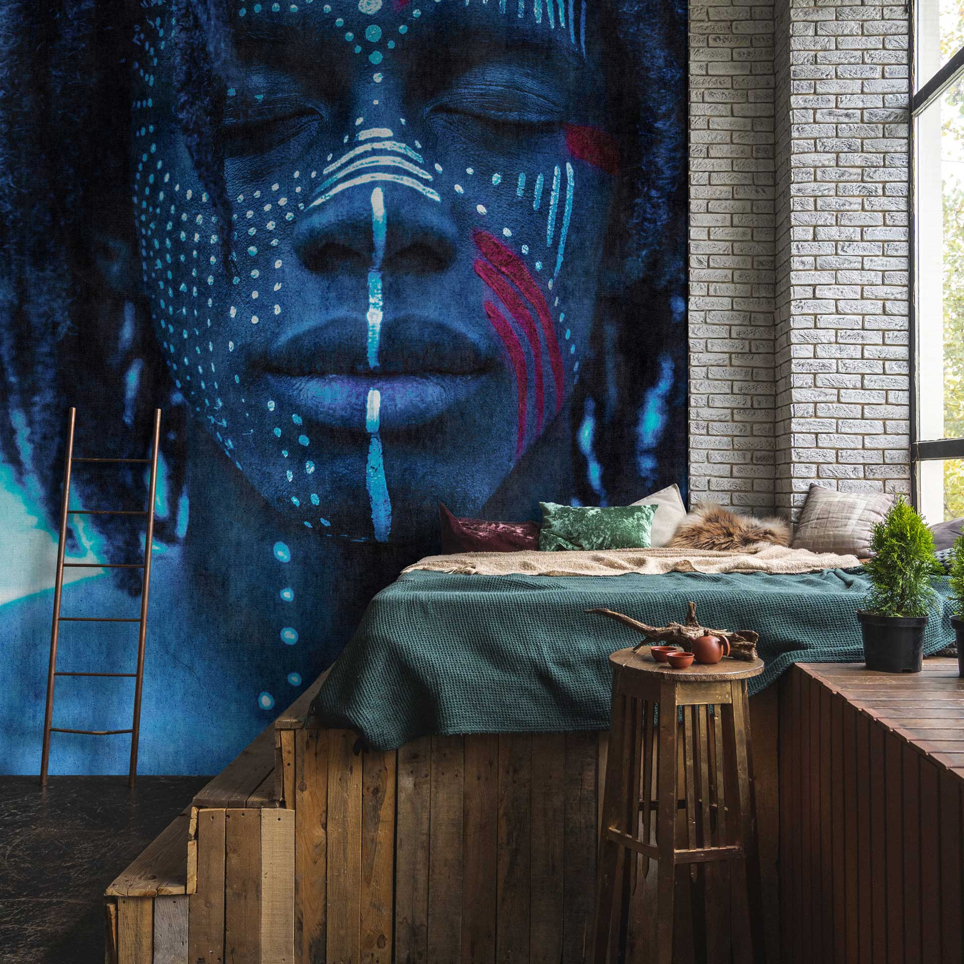 traditioneel mensen behang - Mikala vliesbehang blauw