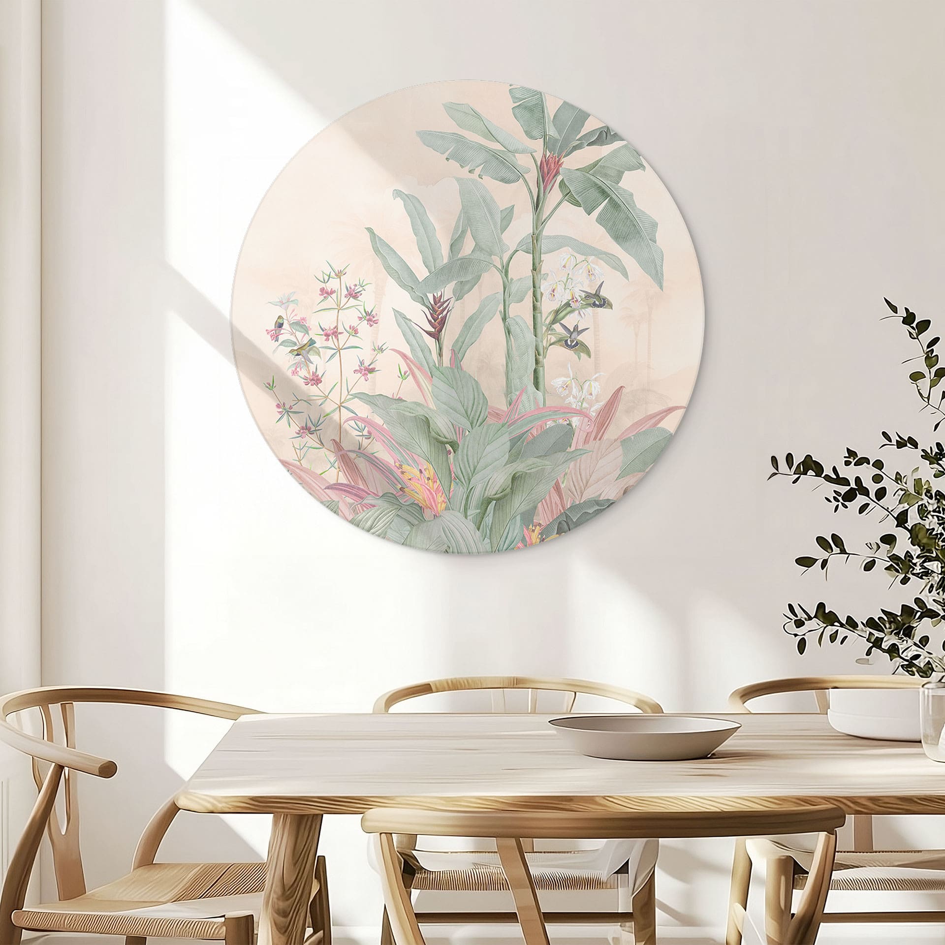 Tropisk idyl med kolibri abrikos - Bloomery Decor - rund – print på aluminium (Alu-Dibond)