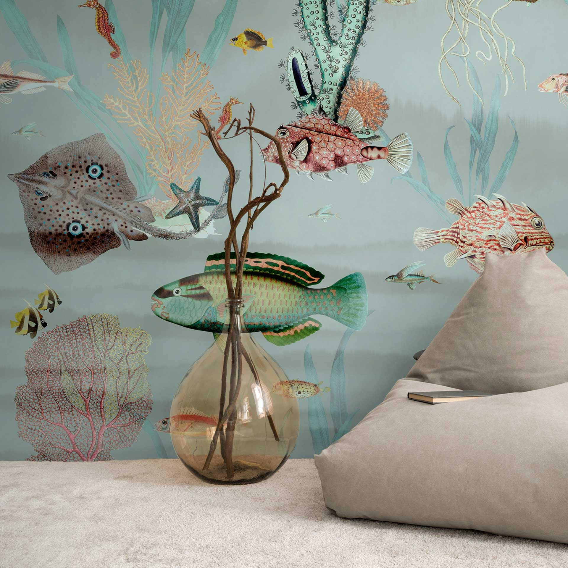 Onderwater behang turquoise kleurrijk - vliesbehang met vissen voor badkamer & woonkamer