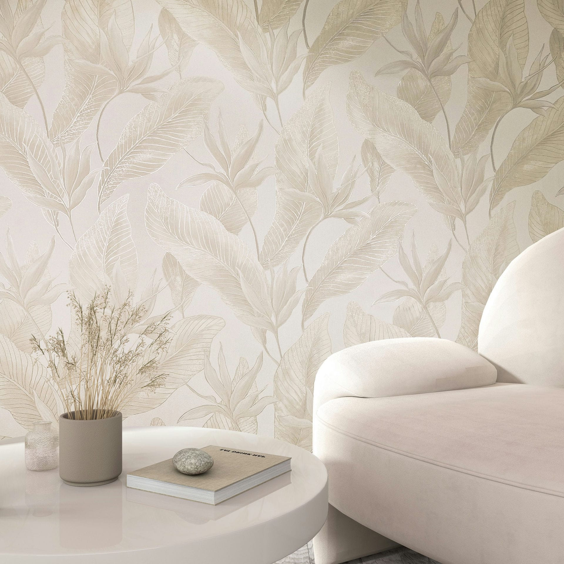 Vliesbehang bloemen, bladeren bloemige natuur in beige
