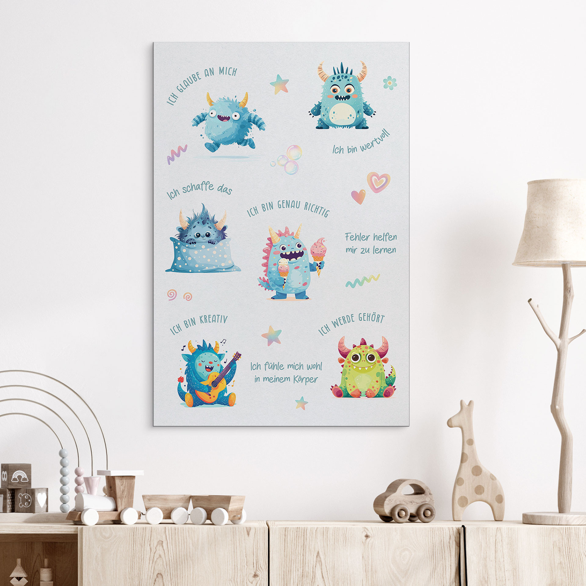 Alu-Dibond Wandbild - Affirmationen Monster in Pastellfarben für Kinder