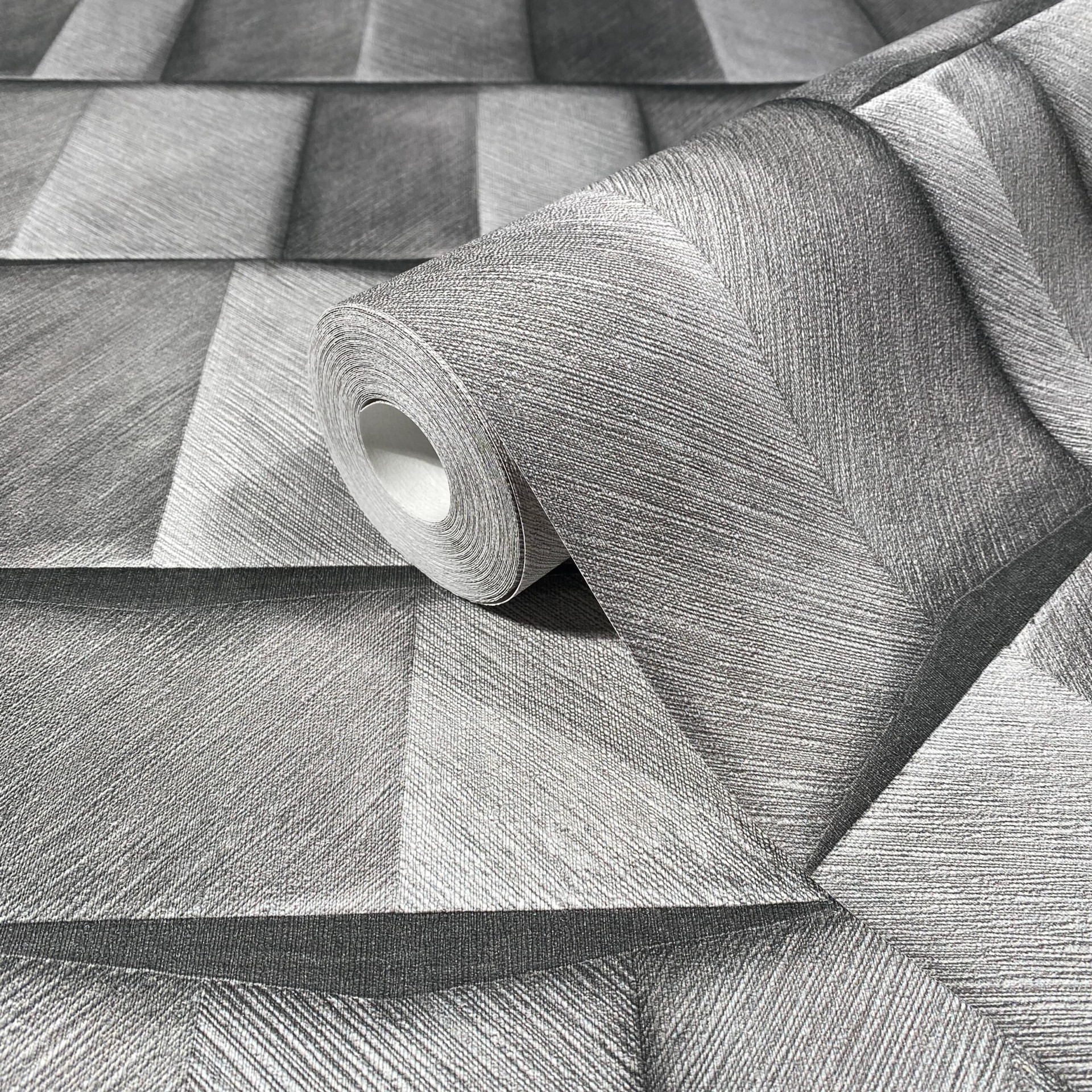 vliesbehang met houtmotief geometrisch grijs 3D look