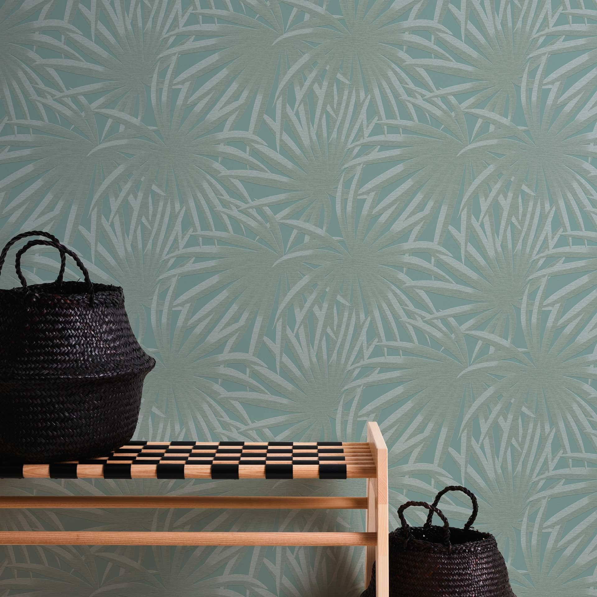 behang met bladeren mint kleuren - jungle vliesbehang met palmblad