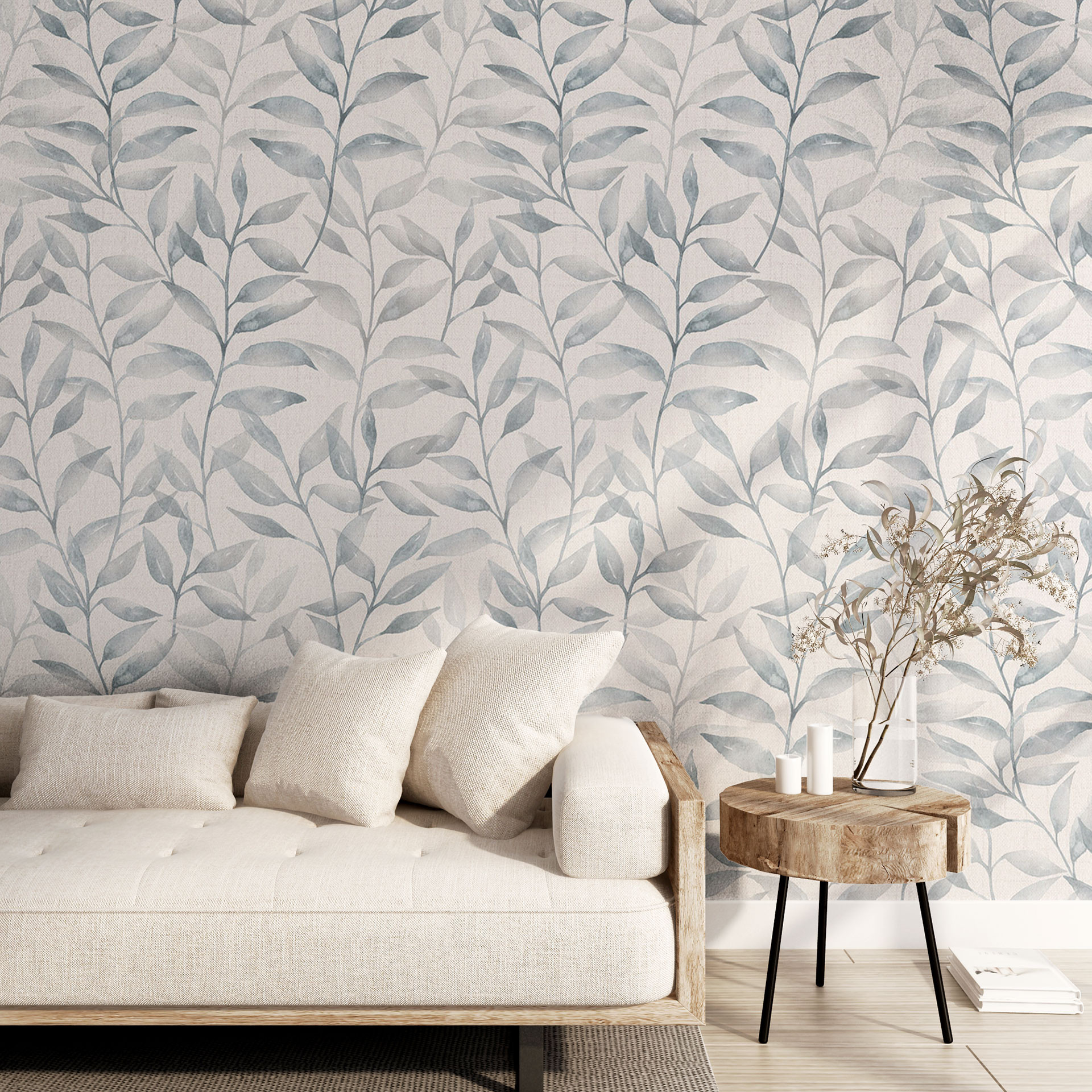 Delicate Watercolour Leaves Fotobehang - Zacht Grijs - Bloemdecoratie