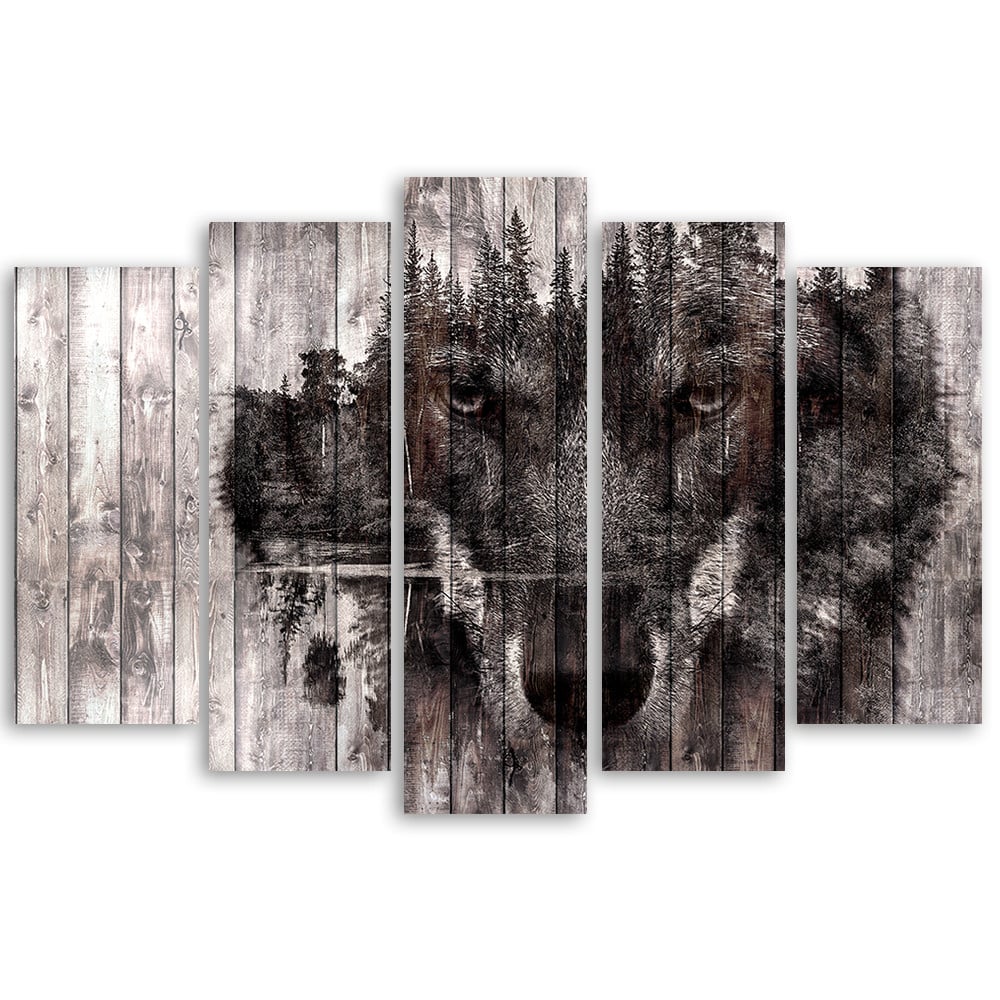 5 stykke lærredsprint, Wolf Forest Retro Vintage