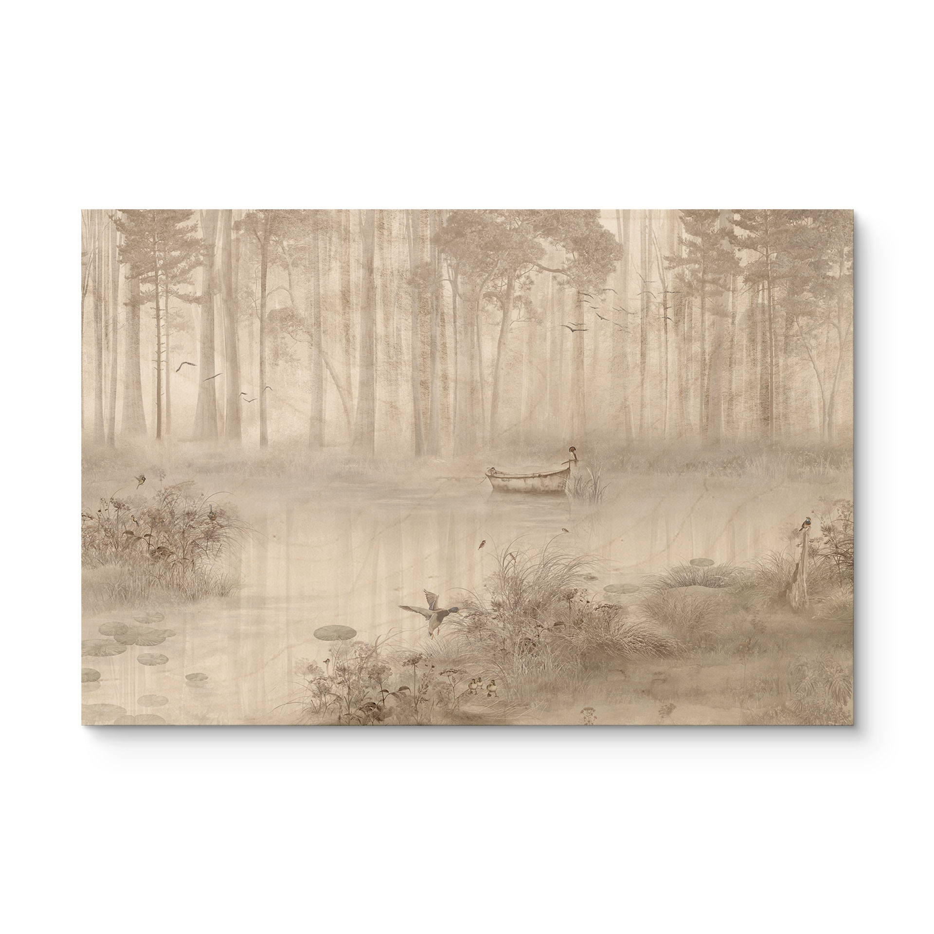 Houten Wanddecoratie bos bij het meer in beige mist - Ms Tiff