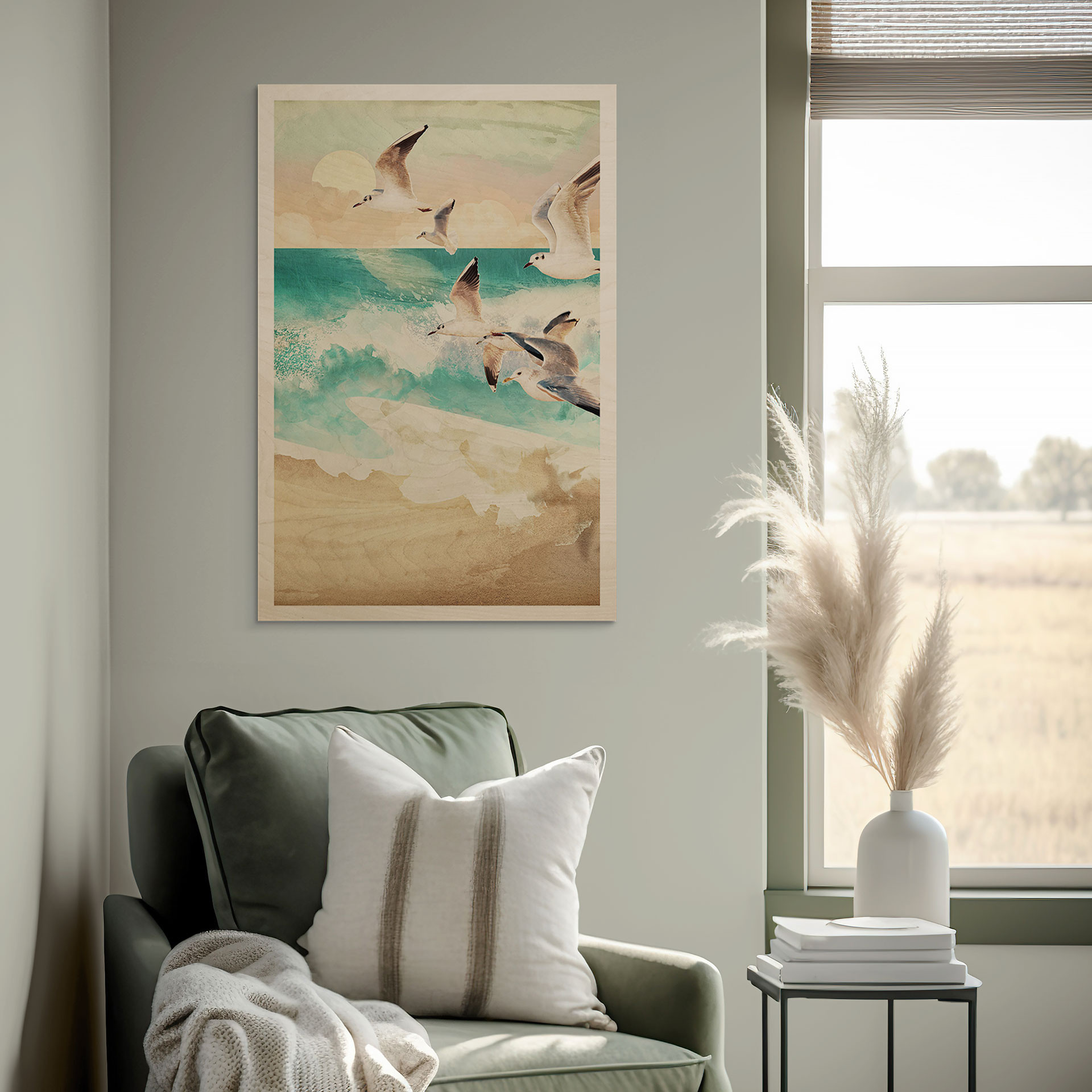 Plakat drewniany mewy na plaży - SpaceFrog Designs