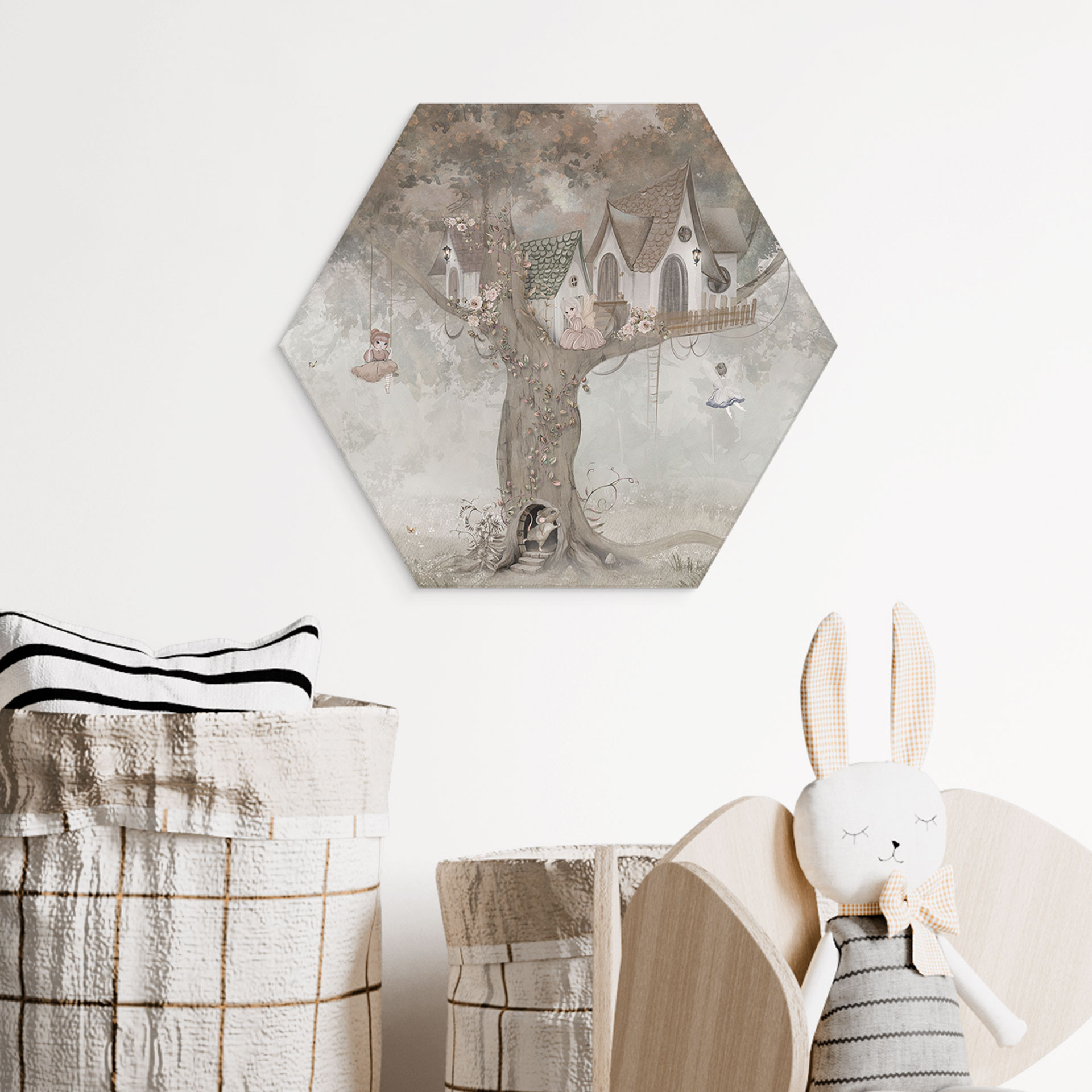 Wanddecoratie Toverboomhuis met elfjes - Ms Tiff - Alu-Dibond