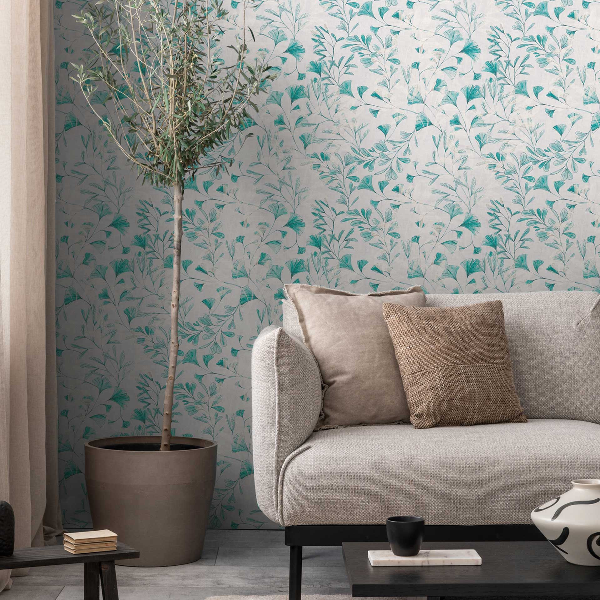 Vliesbehang ginkgo turquoise wit - Vliesbehang met aquarel look - Fris & Licht
