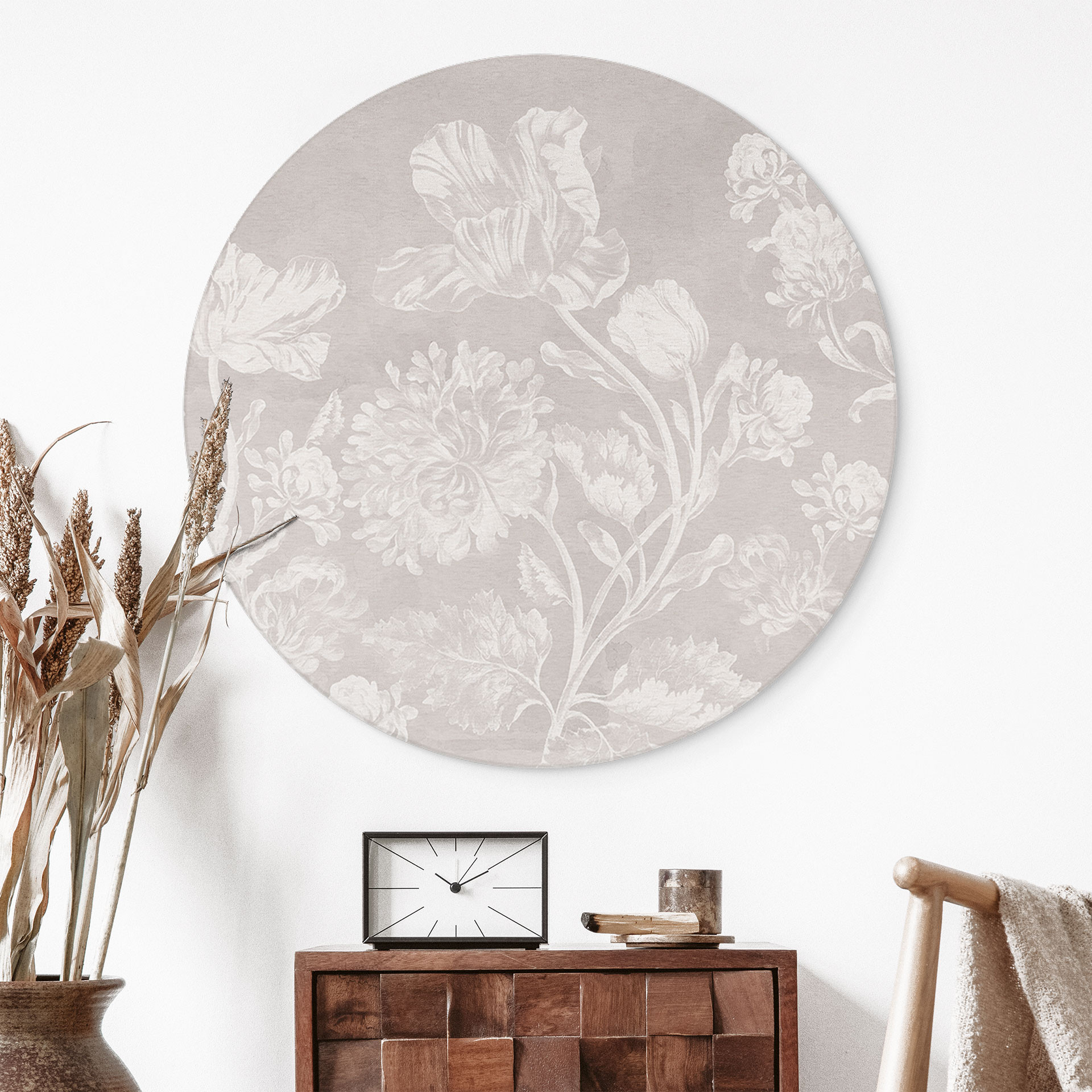 Billede af vilde blomster i kridtlook beige - Bloomery Decor - rund – print på aluminium