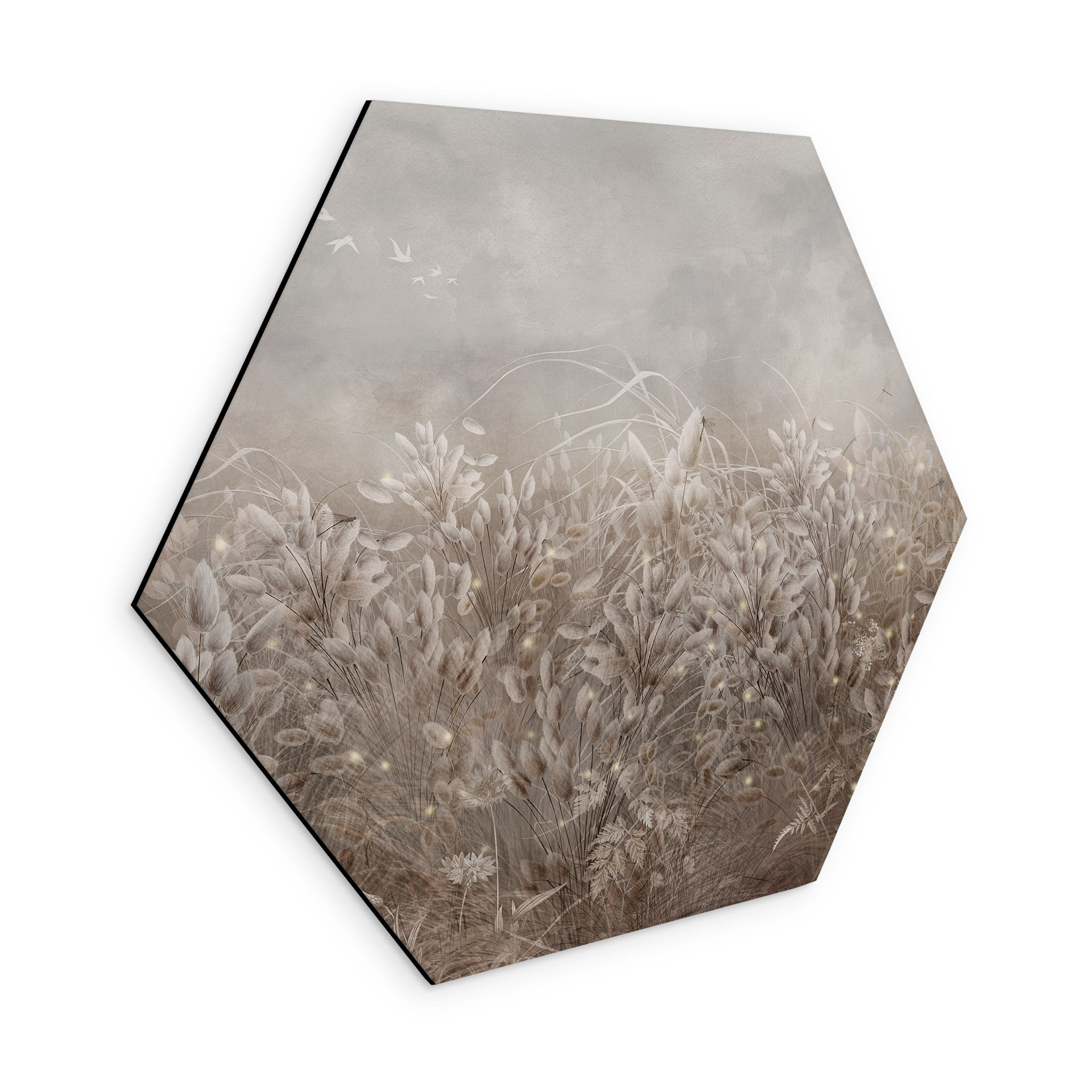Zeshoek Wanddecoratie Pampasgras en grassen in beige - Ms Tiff - Alu-Dibond