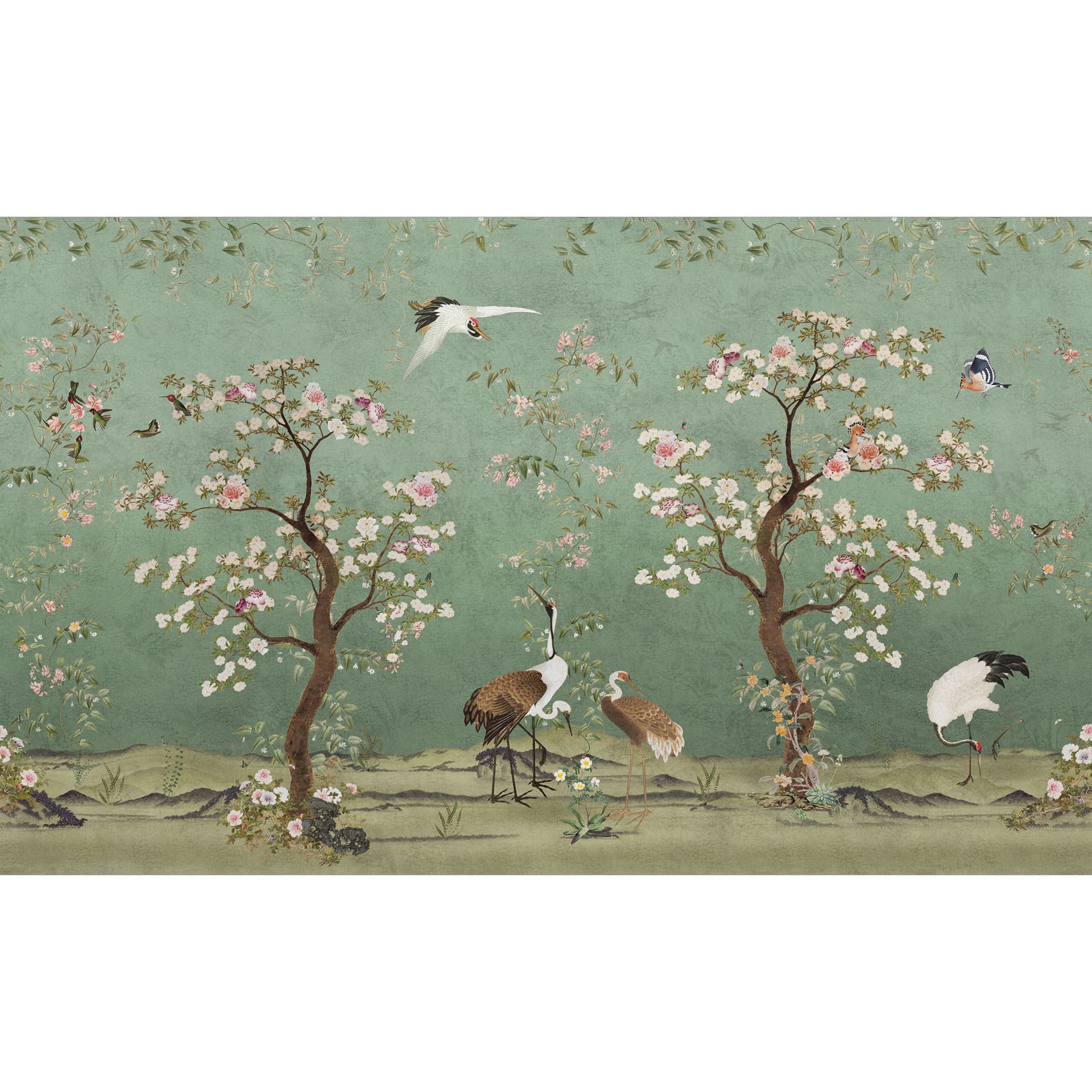 Chinoiserie Fotobehang Kraanvogels in bloemenlandschap - Bloomery Decor