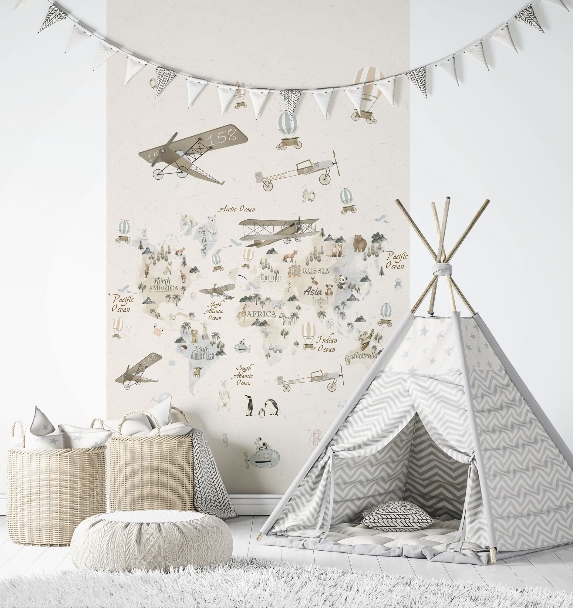 Kinderbehang, vliesbehang met illustratie Kids Walls beige