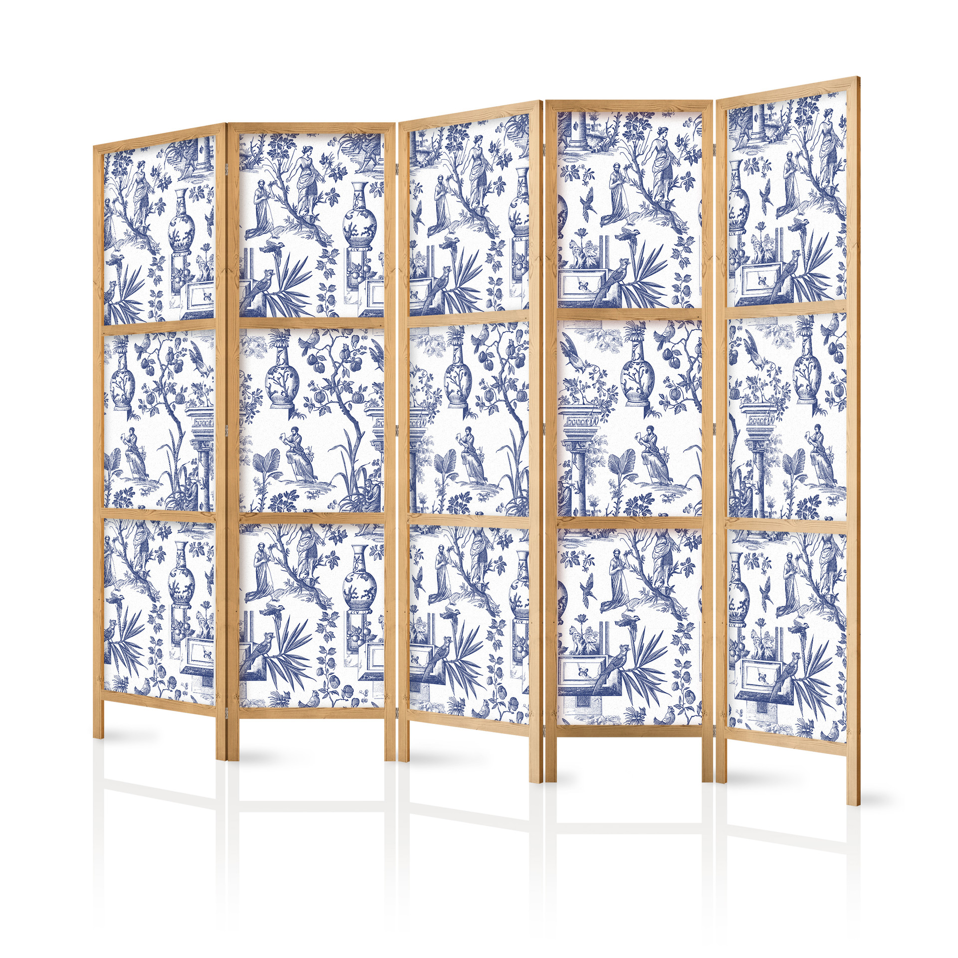 Japanischer Paravent, Raumteiler freistehend, Trennwand - Rome and Botany: Blue Greek and Plant Patt
