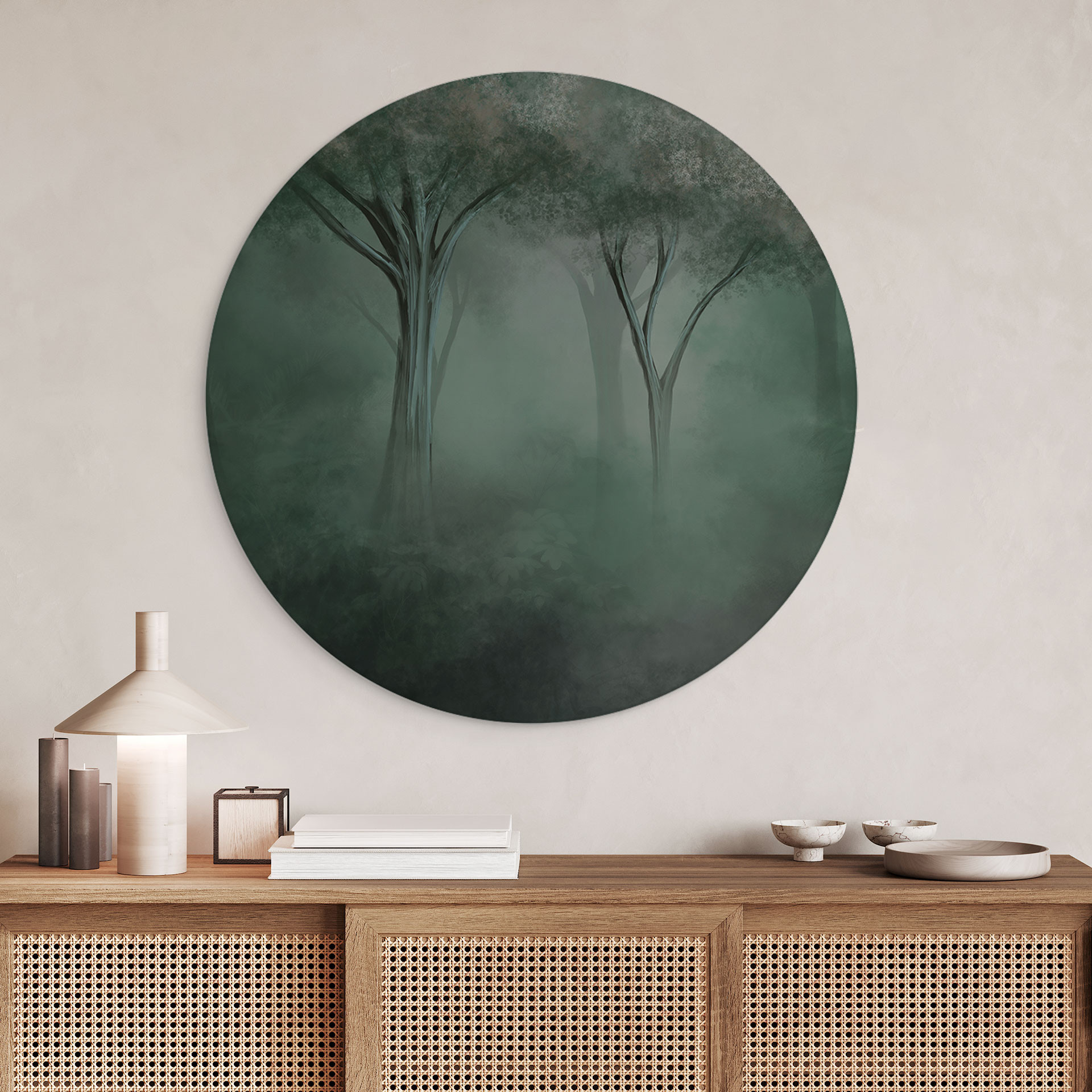 Wanddecoratie Bosmagie in de ochtendnevel groen - Ms Tiff - Alu-Dibond Rond
