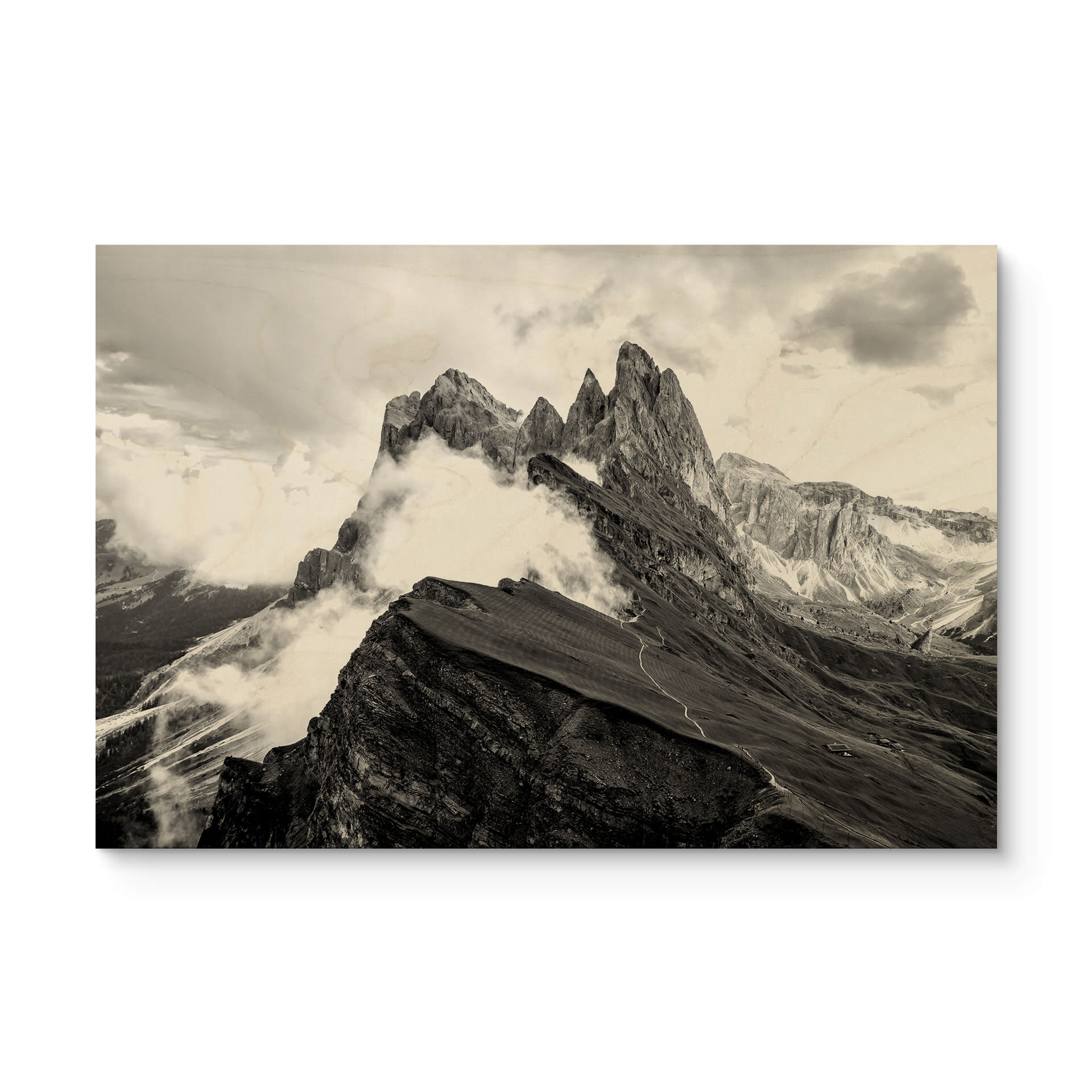 Plakat drewniany widok na Alpy - górski krajobraz Dolomitów