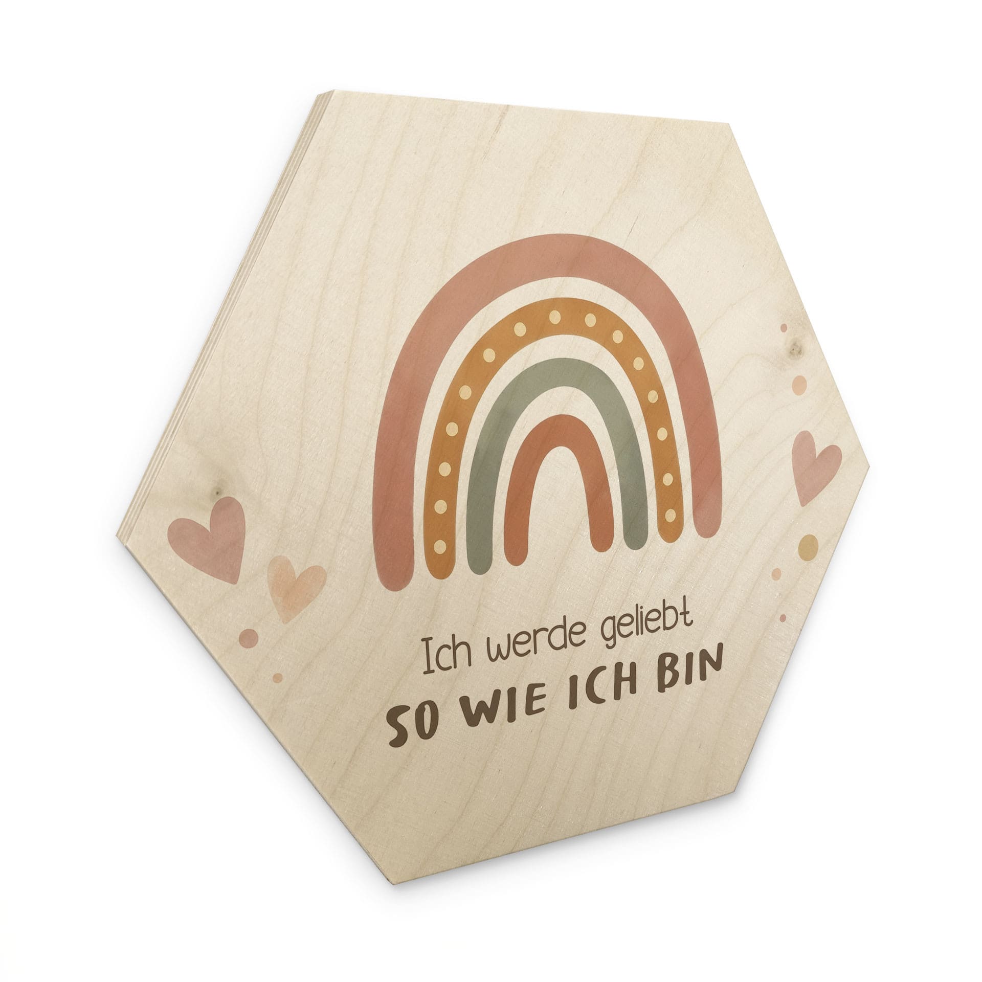 Holzbild Hexagon mit Boho-Regenbogen - Bestärkung 'Ich werde geliebt'