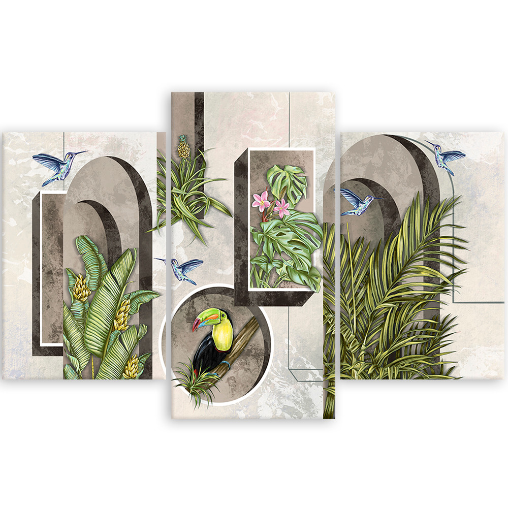 Lærred print 3 stykker, former i væggen med planter og fugle Toucan Koliber