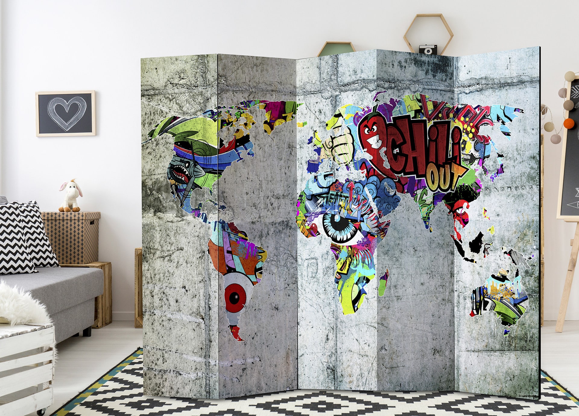 Skærm til rumopdeling - Verdenskort - Graffitiverden, 5-delt - 225x172 cm