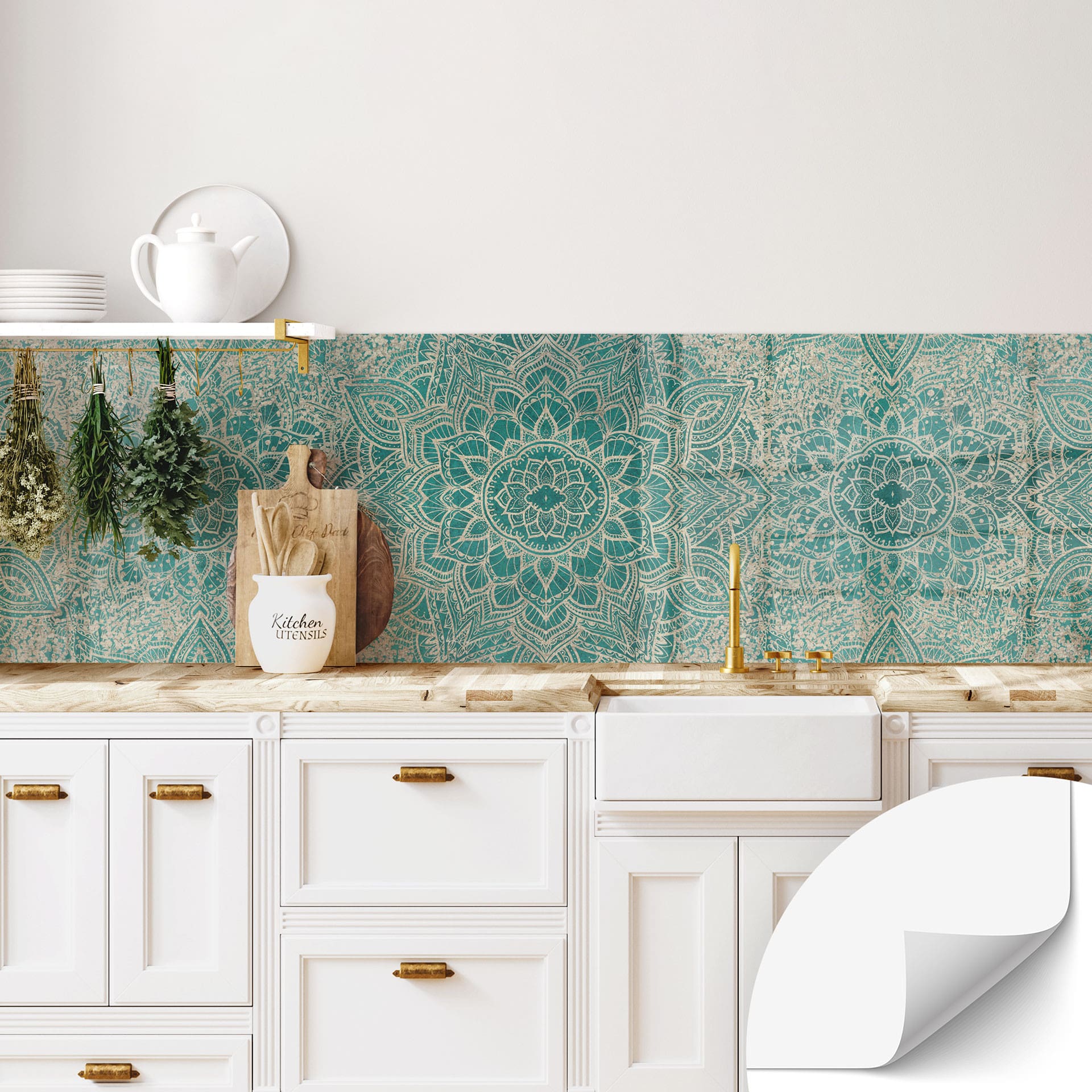 Samoprzylepny panel ścienny do kuchni Mandala Boho złoto-zielony - Bloomery Decor