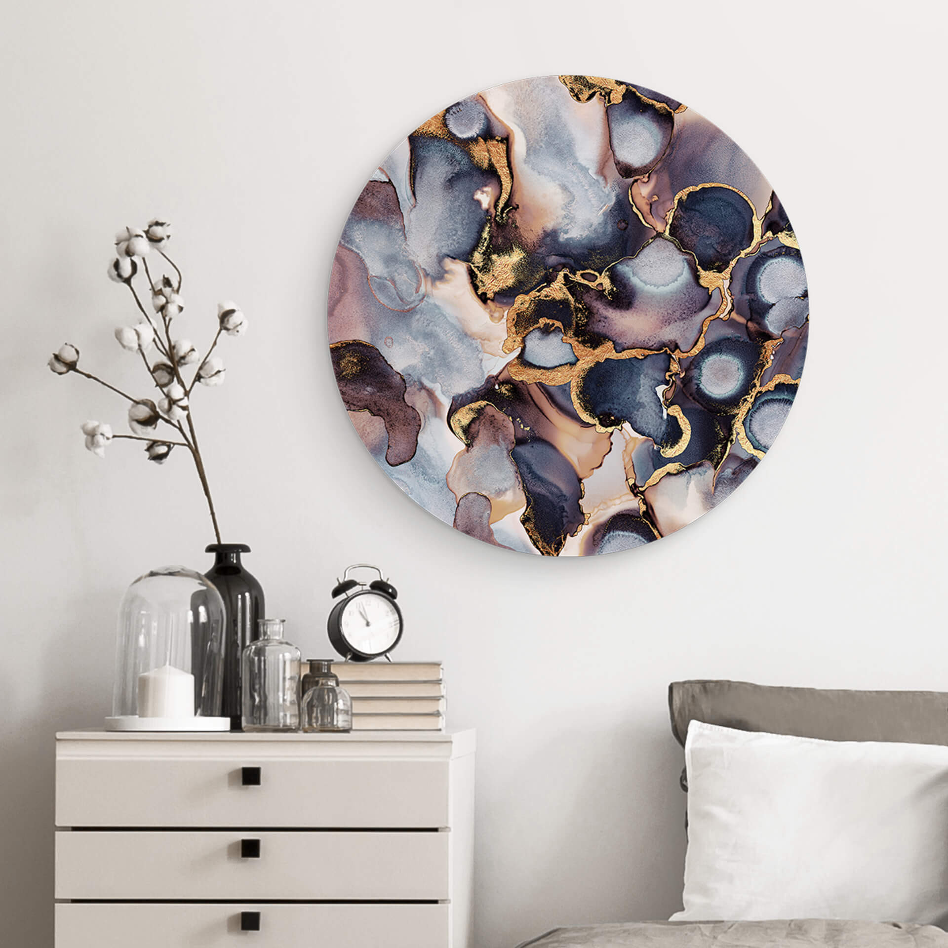 Tableau sur alu-Dibond rond Fredriksson Encre : rose et dorée