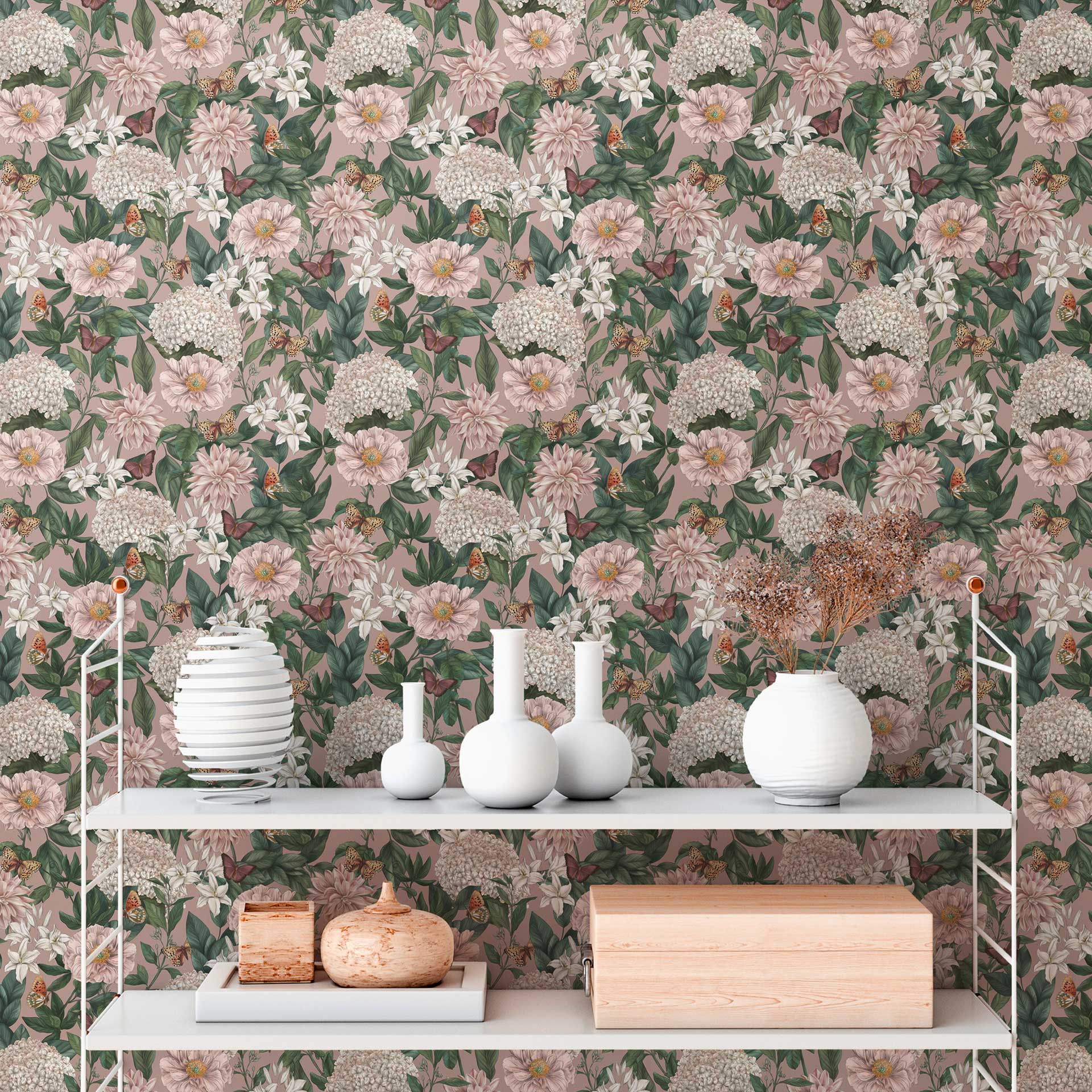 bloemen behang met vlinders roze groen - vliesbehang met lichte bloesems