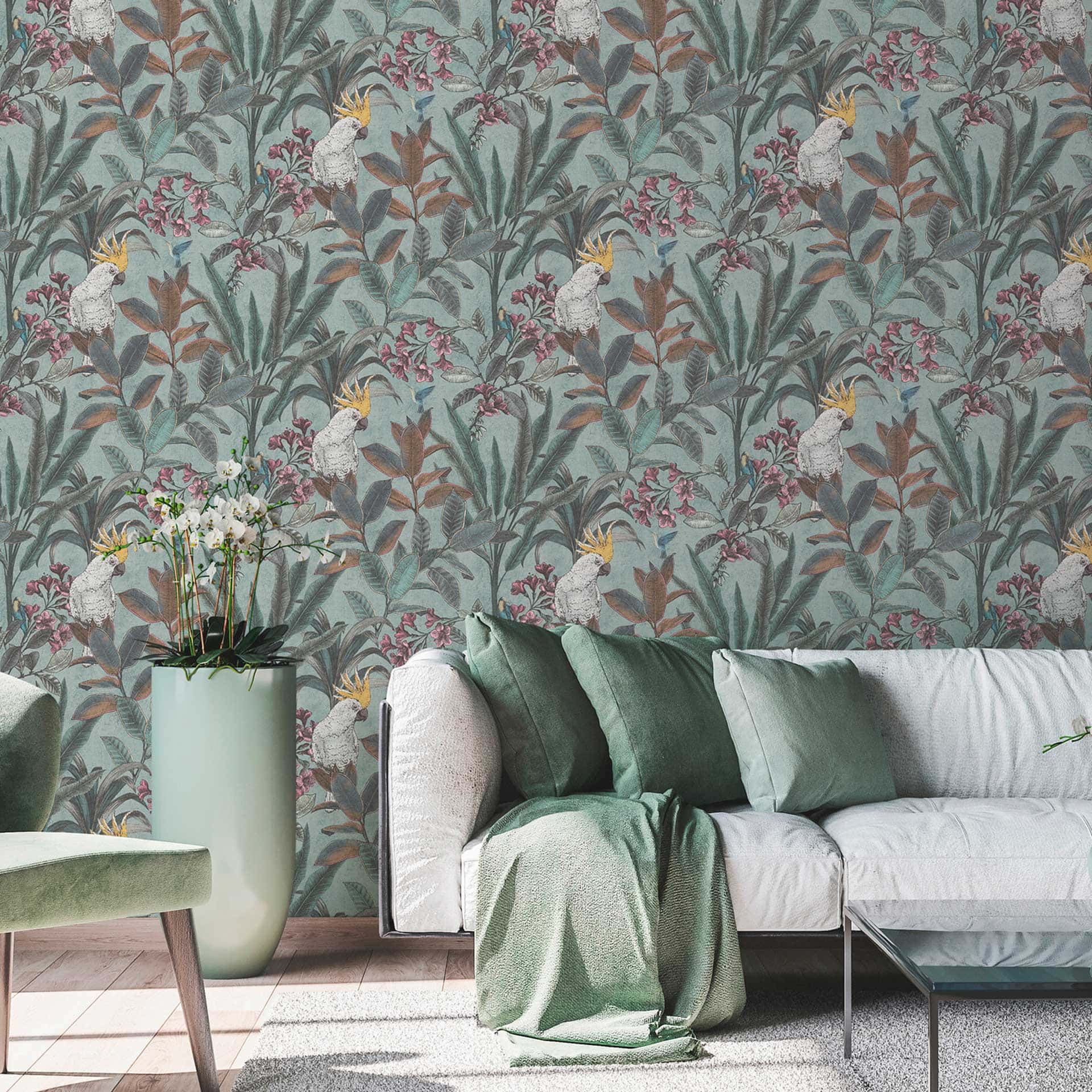 Jungle behang met kaketoe - Vliesbehang in groen roze geel - exotisch Patroonbehang