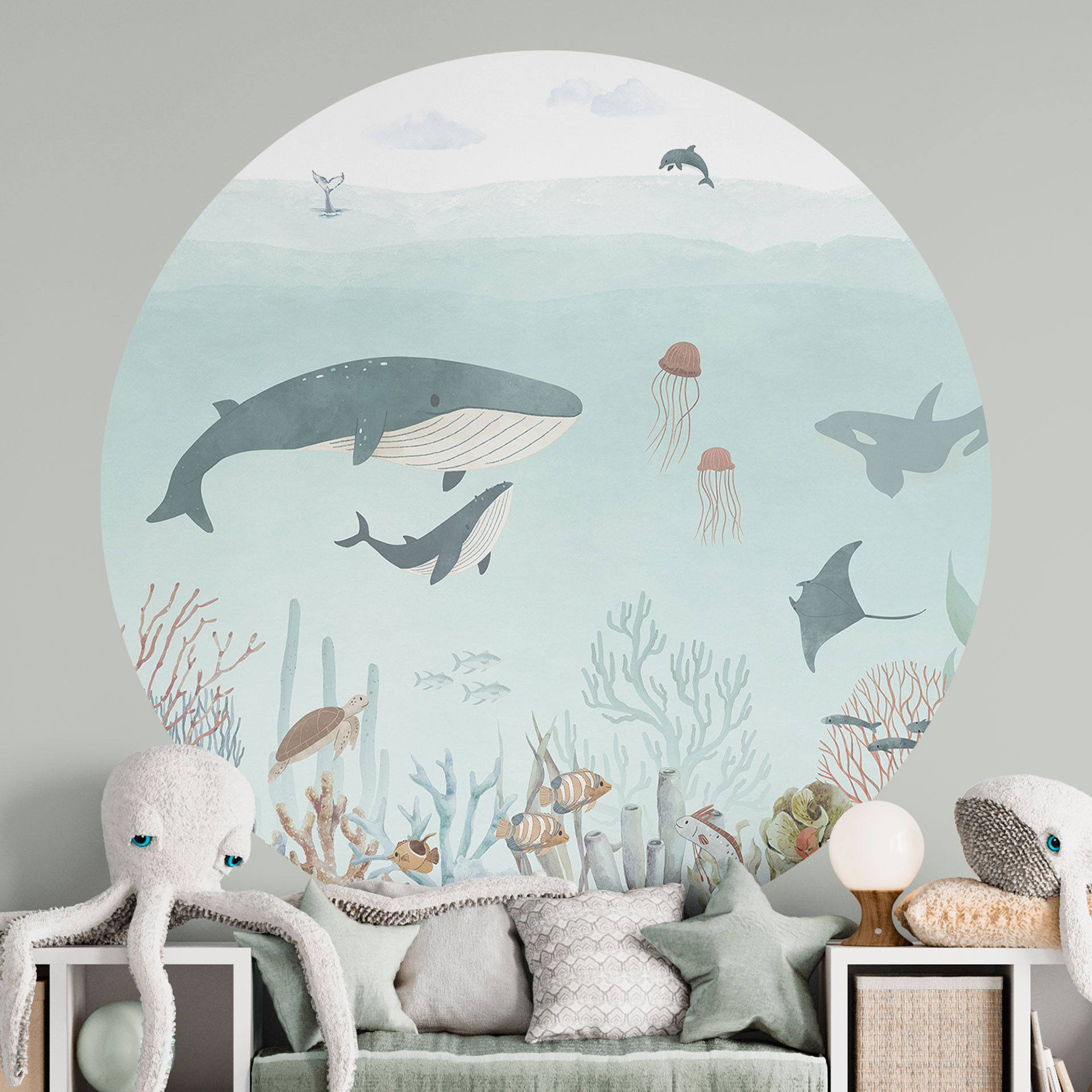 Wandtattoo Unterwasser-Abenteuer mit Meerestieren - Blau - Oliver Robins - Rund