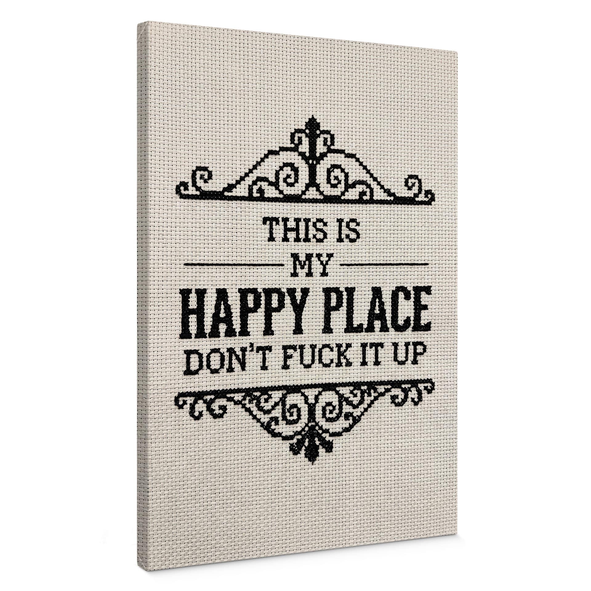 Tableau sur toile Happy Place Citation Motif Brodé - Magnusson