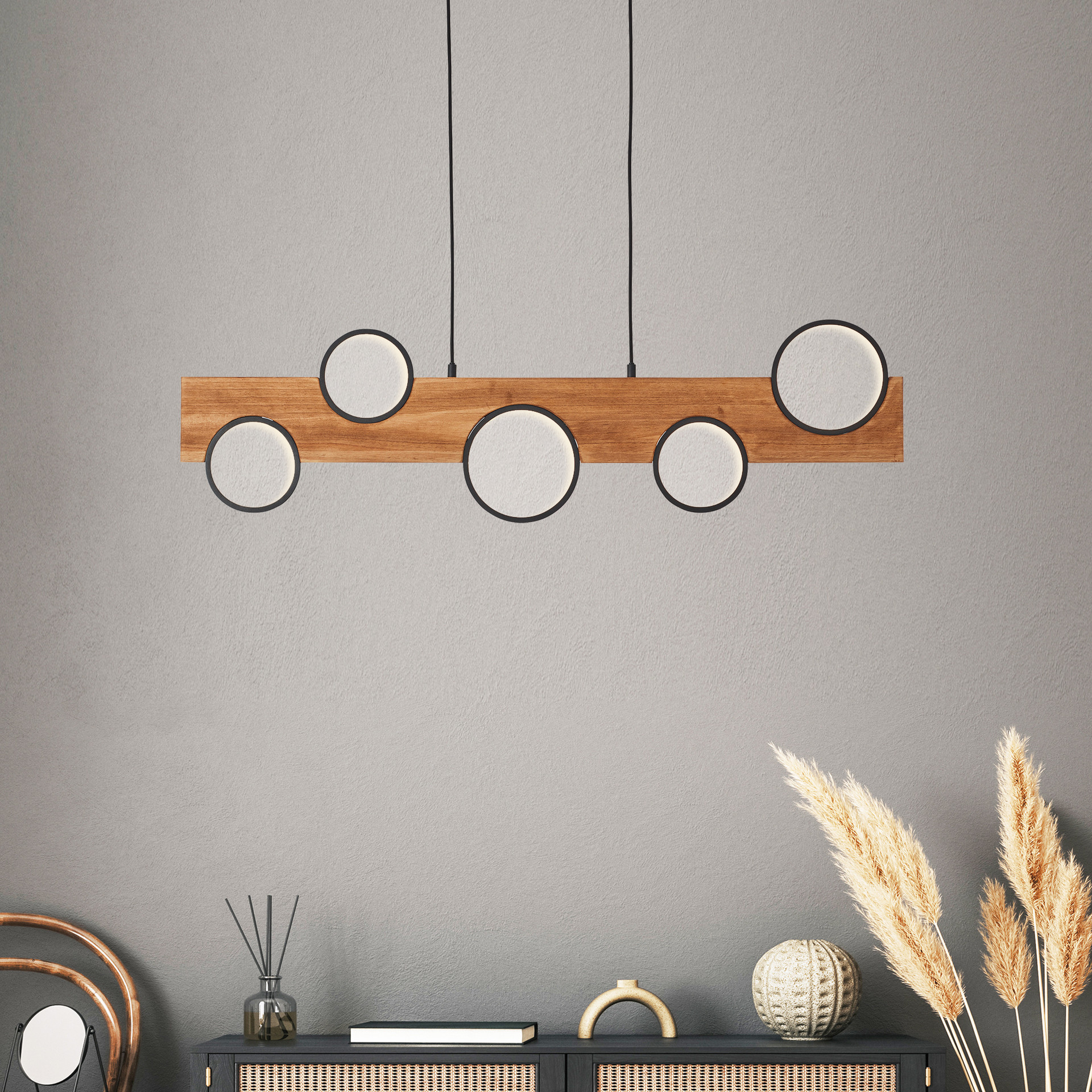 Pendelleuchte Elena, 100 x 6 cm, max. Höhe: 150 cm, Holz LED-Pendelleuchte, dimmbar, braun