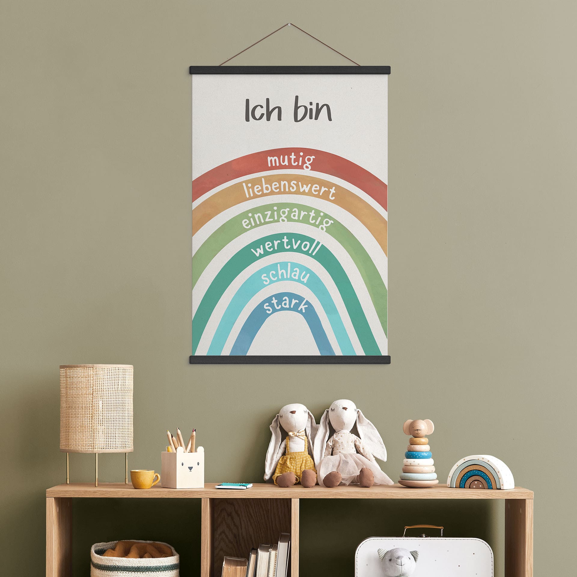 Stoffbild mit Regenbogen - Affirmationen für das Kinderzimmer