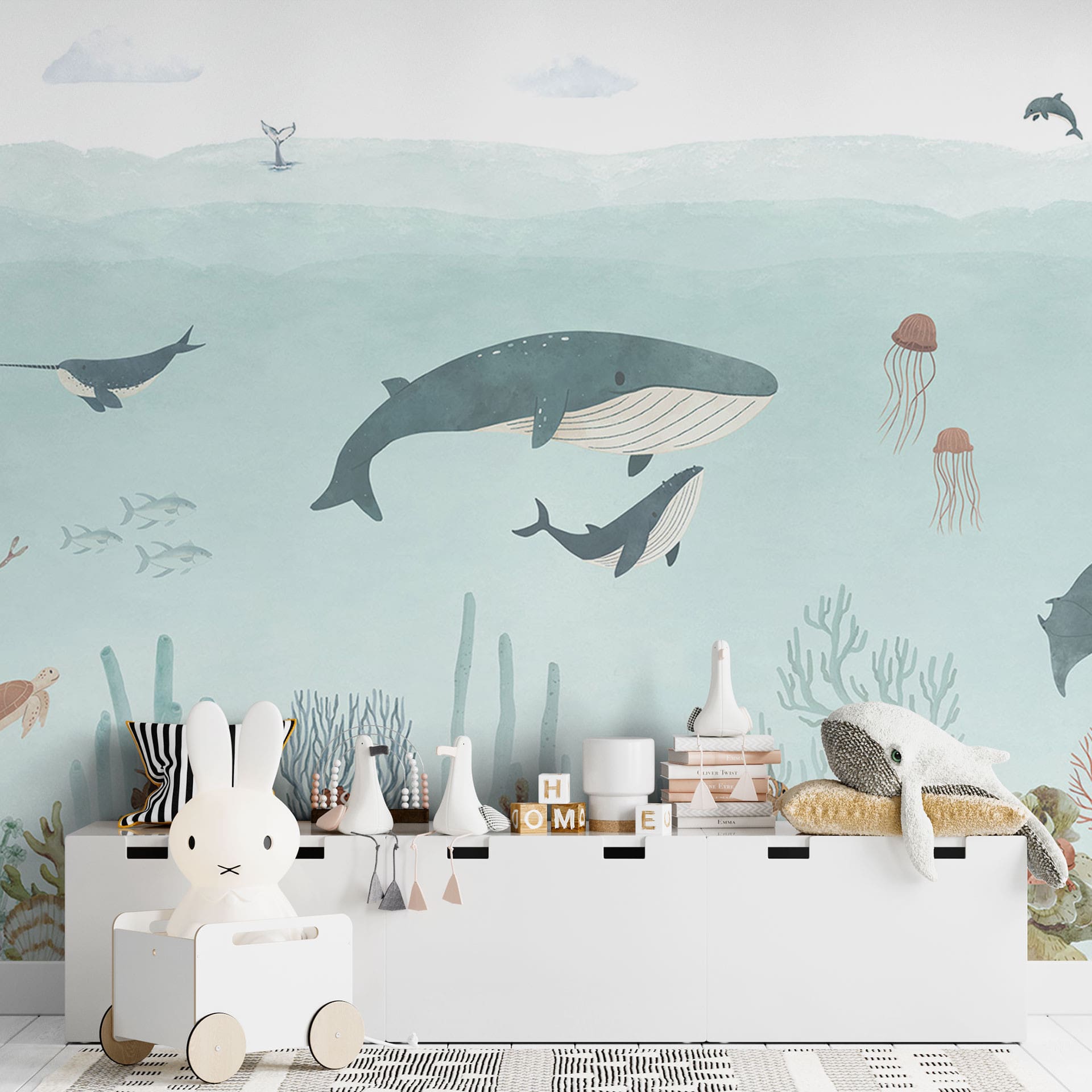 Kinderbehang onderwater avontuur met zeedieren - blauw - Oliver Robins