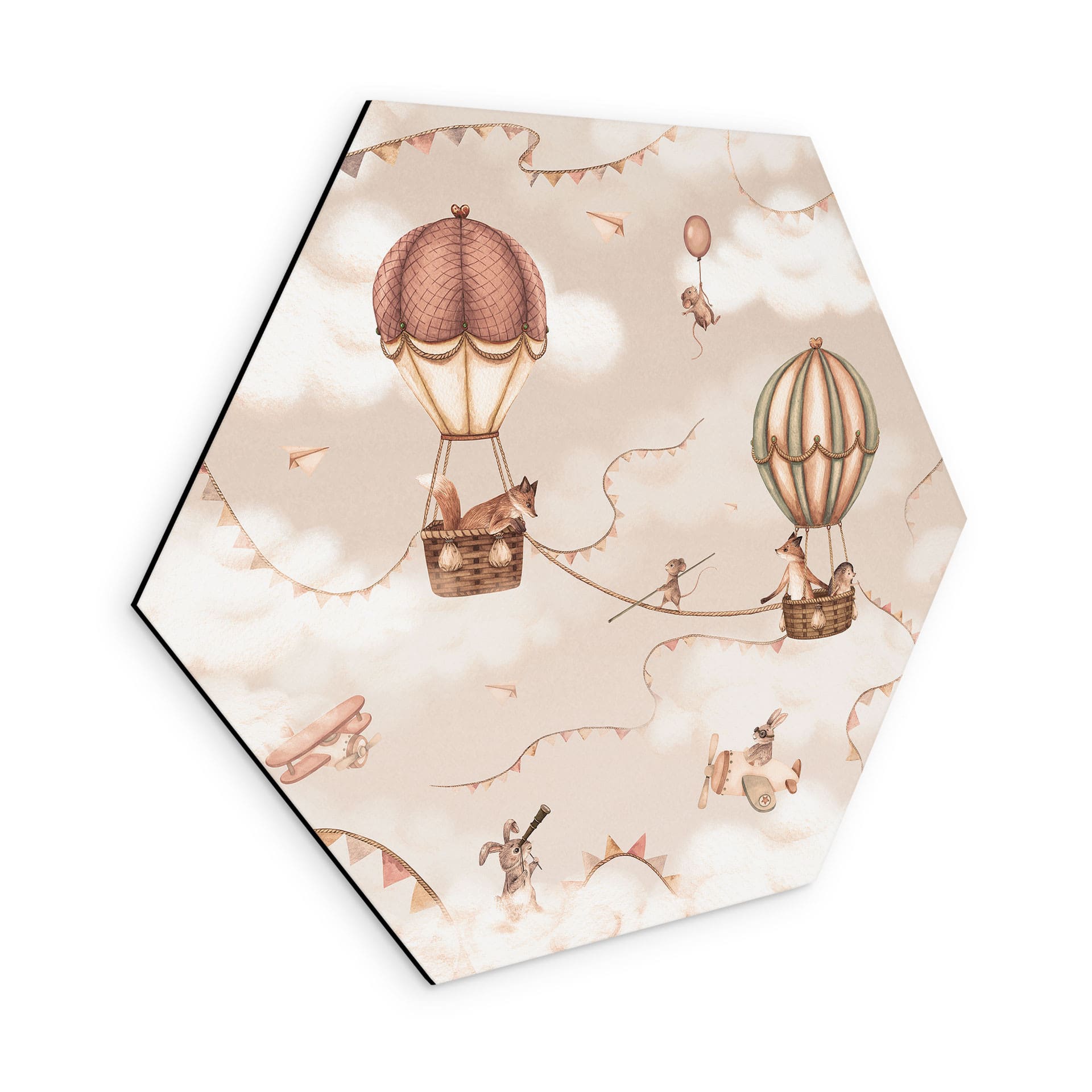 Hexagon Billede Dyreeventyr med Luftballon - Oliver Robins - Alu-Dibond