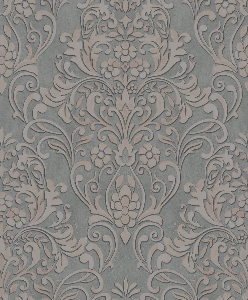 vliesbehang met sierlijke damast motieven grijs ornamenteel