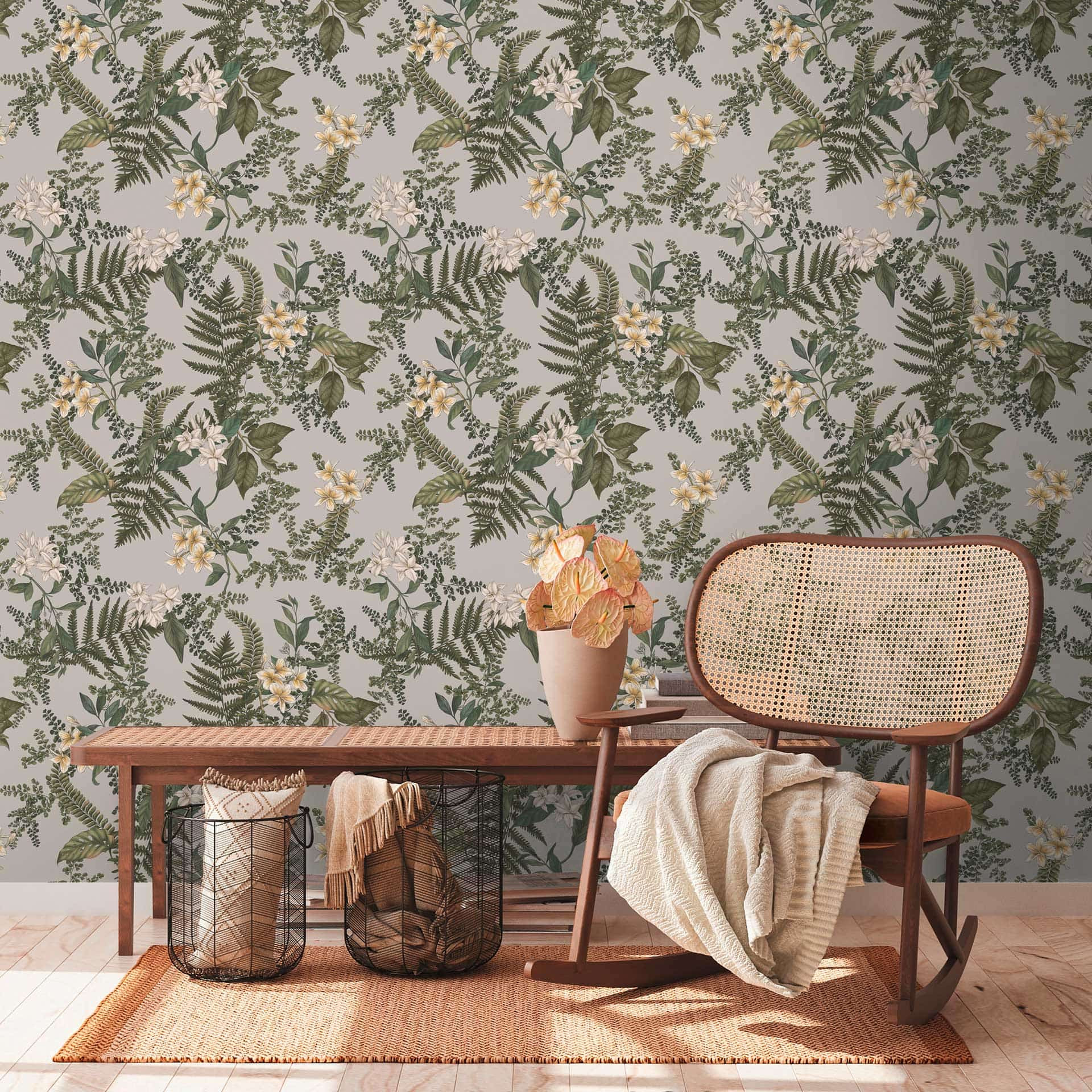 planten behang met bloesems grijs groen - vliesbehang met bloemmotieven