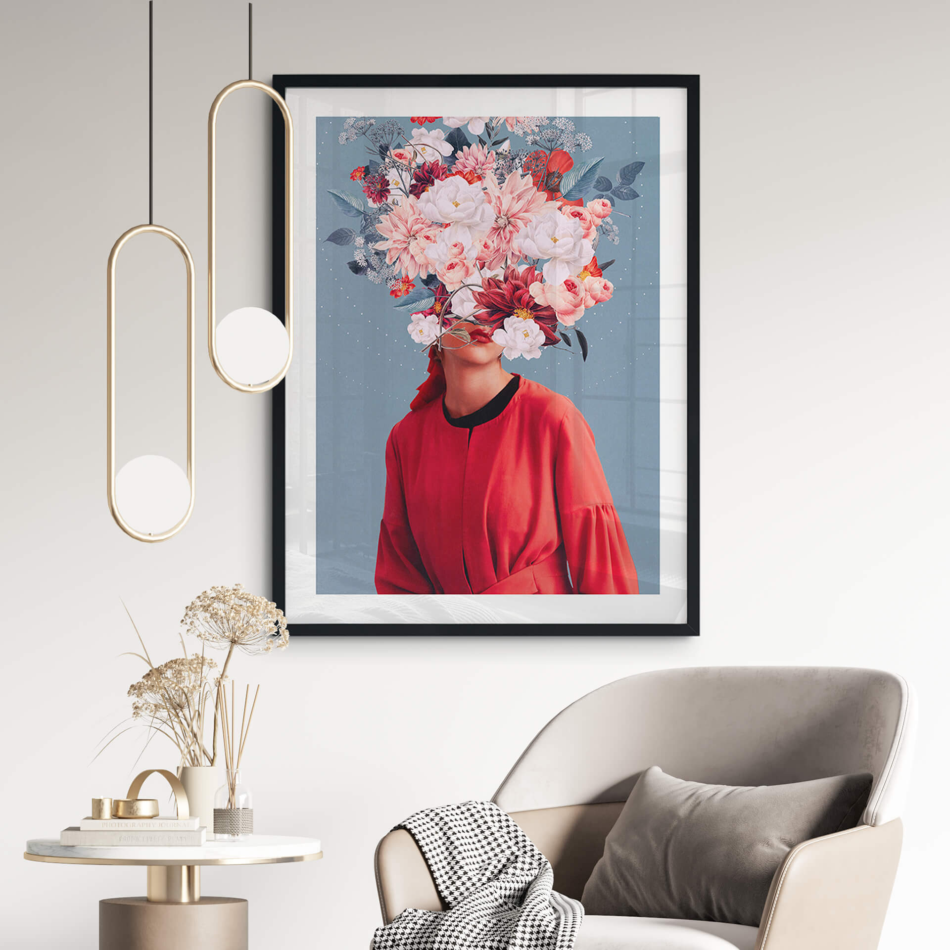 Poster Blumenportrait - Elegante Frau mit prachtvollen Blumen - Moth